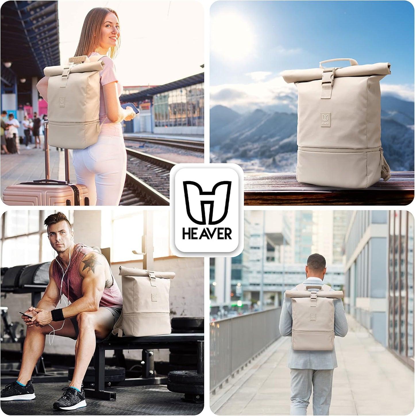 Rolltop Rucksack mit Laptopfach, Sand