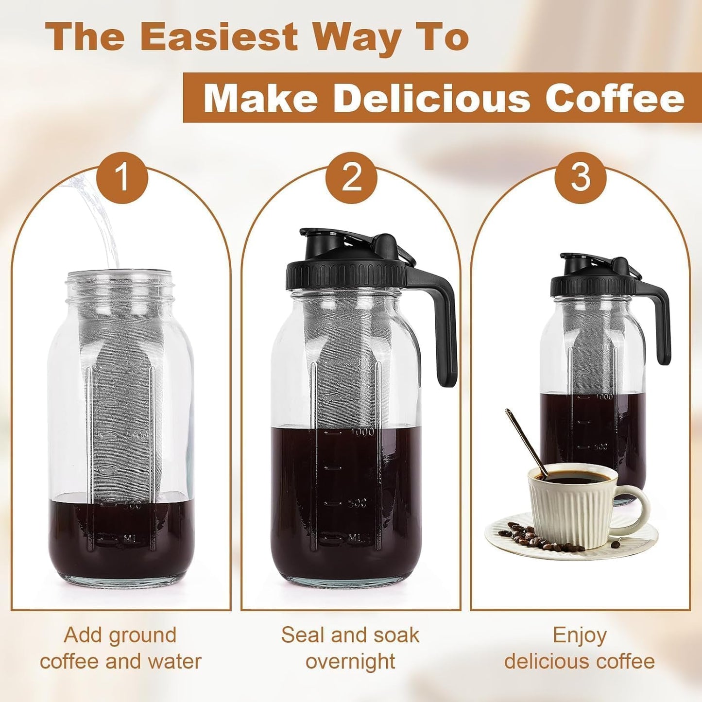 Cold Brew Kaffeebereiter mit Edelstahlfilter, 64oz Schwarz