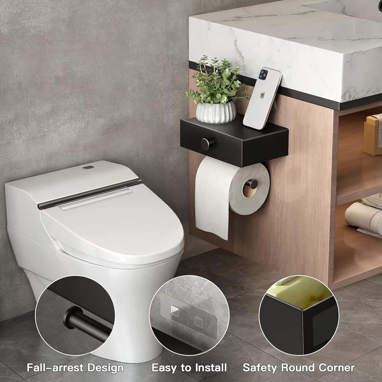 Toilettenpapierhalter mit Feuchttücherbox & Schublade, Schwarz Mit Feuchttücherbox