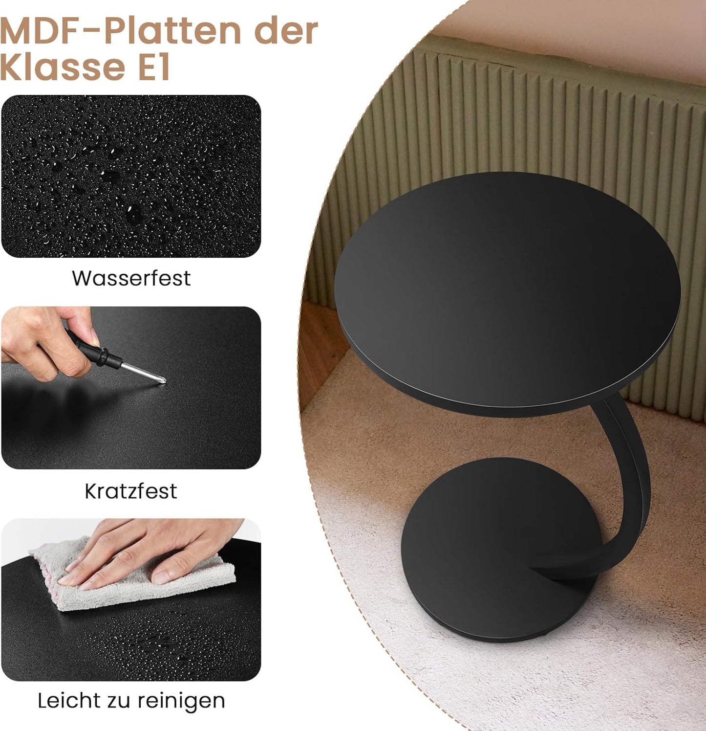 Beistelltisch C-Form mit Metallgestell, Schwarz