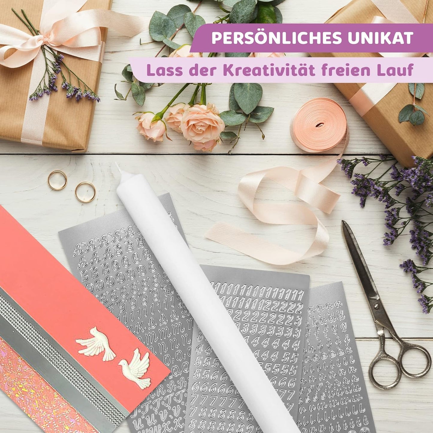 Kerzen-Rohling Set zur individuellen Gestaltung, Rosa mit Taube Kerze 40x4 cm | Weiss