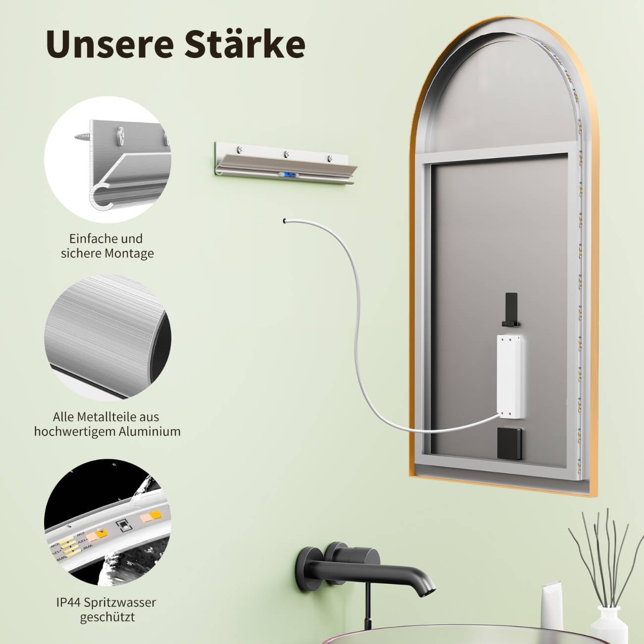 LED Badspiegel mit Touch Schalter, Gold-arch|90L x 50B cm