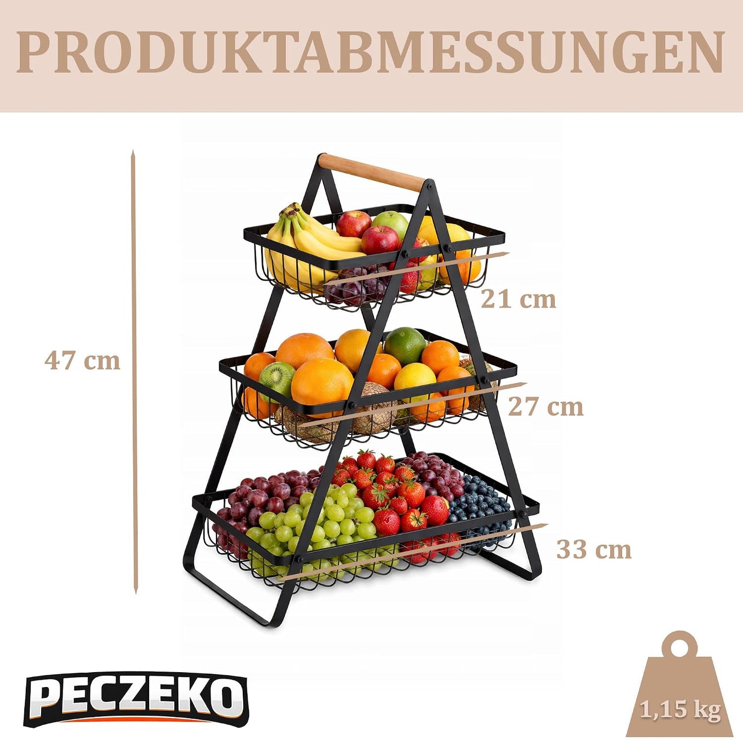 Dreistöckiger Obstkorb, (1 Stück) Schwarz 47cm
