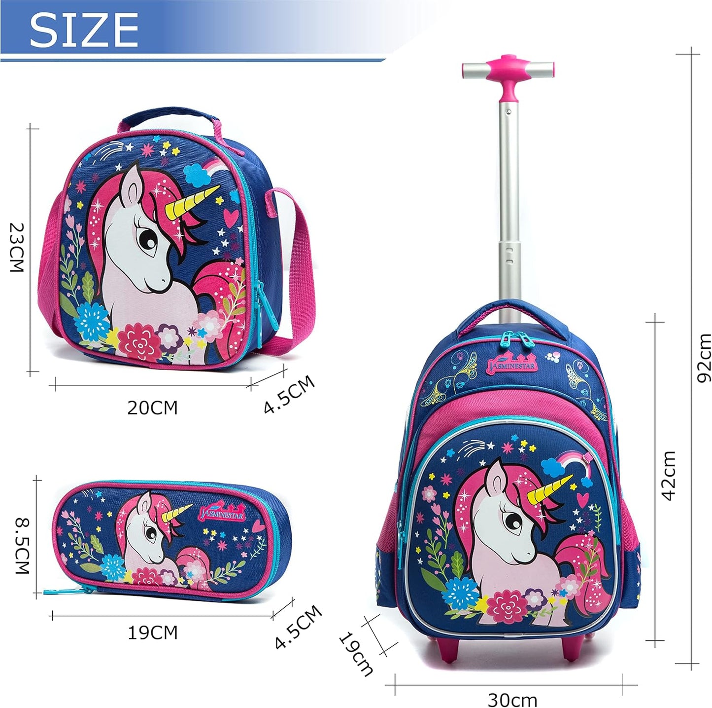 Einhorn Schultrolley für Kinder mit Zubehör-Set, A-bleu