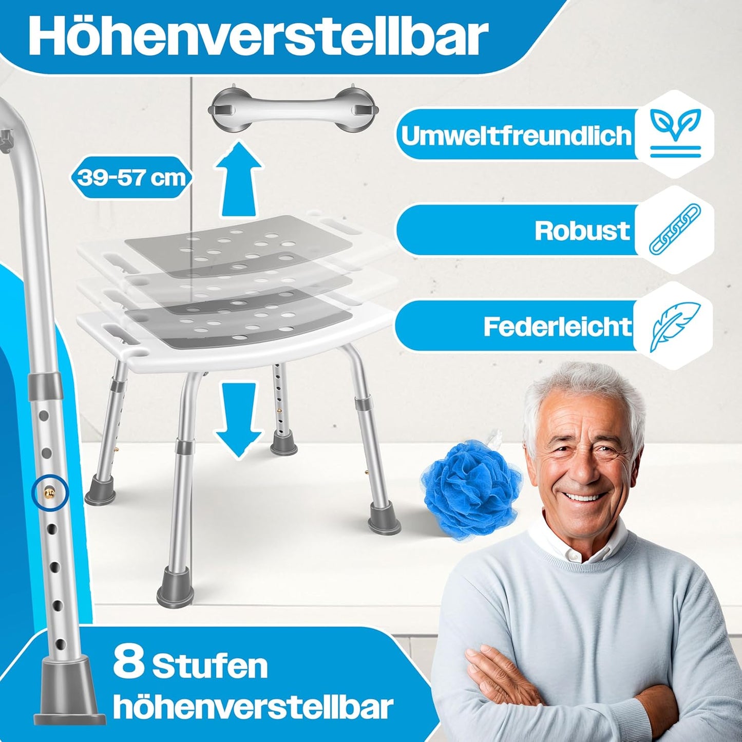 Höhenverstellbarer Duschhocker mit Haltegriff, Weiß / Grau