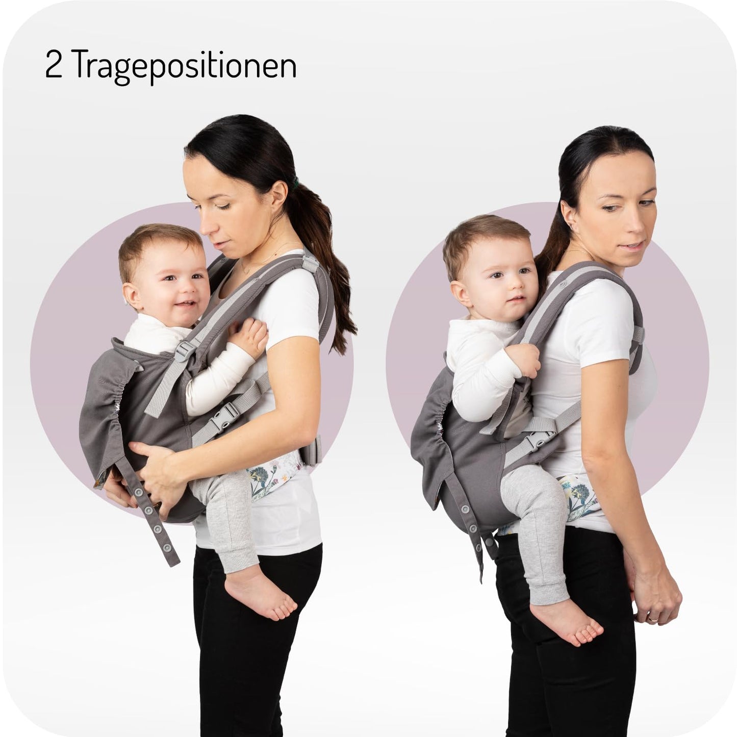 Babytrage für 2 Tragepositionen mit Kapuze und einer Köpfchenstütze, Fleurs
