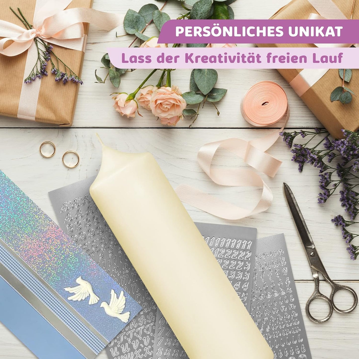 Taufkerze Bastelset mit Buchstaben und Wachsmotiven, Blau mit Taube Kerze 25x7 cm | Creme