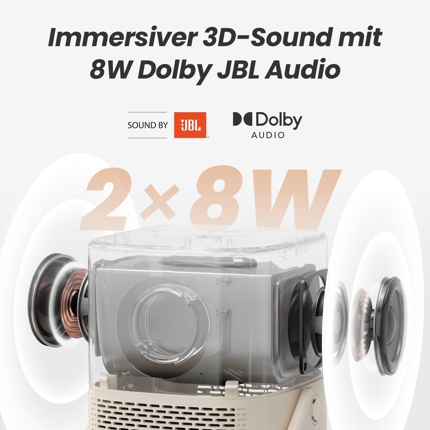 Tragbarer Projektor mit JBL-Sound und Autofokus, T2-Standard off-white