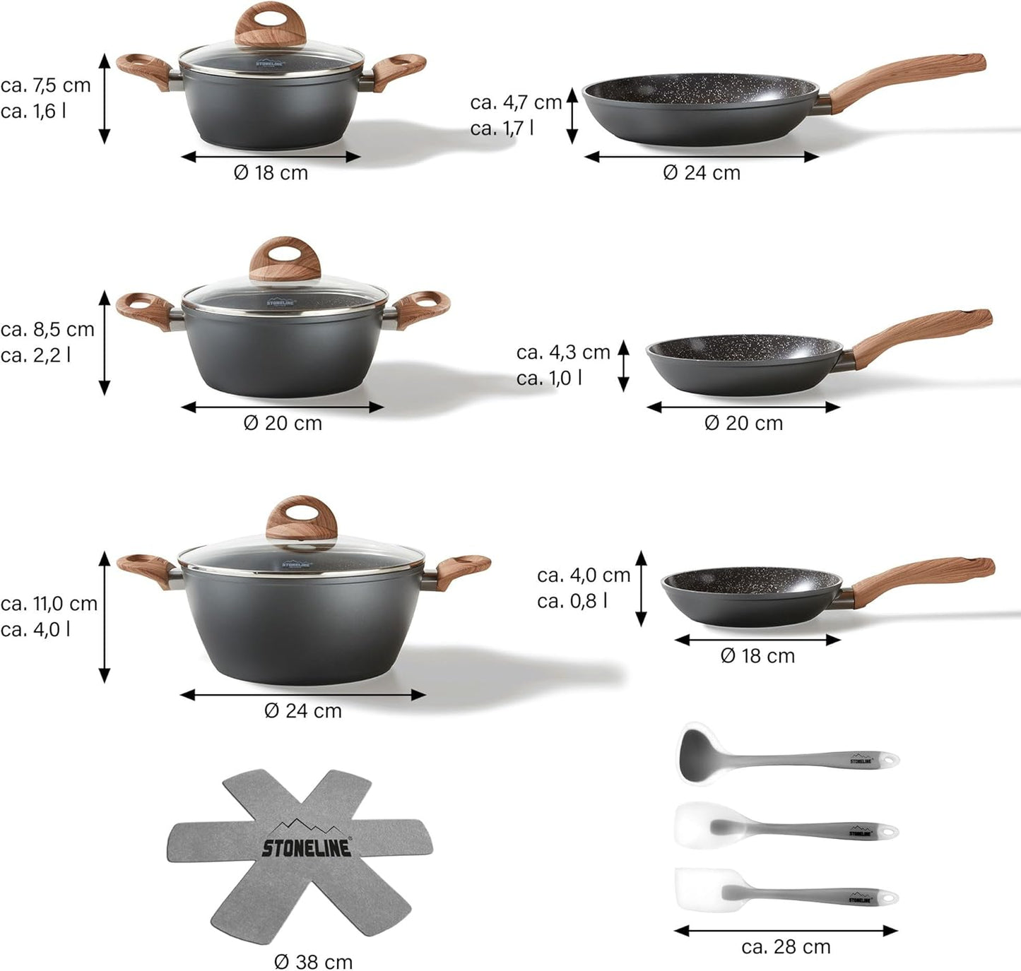 14-teiliges Kochgeschirr-Set, Induktionstauglich, 14-teilig, Holzoptik
