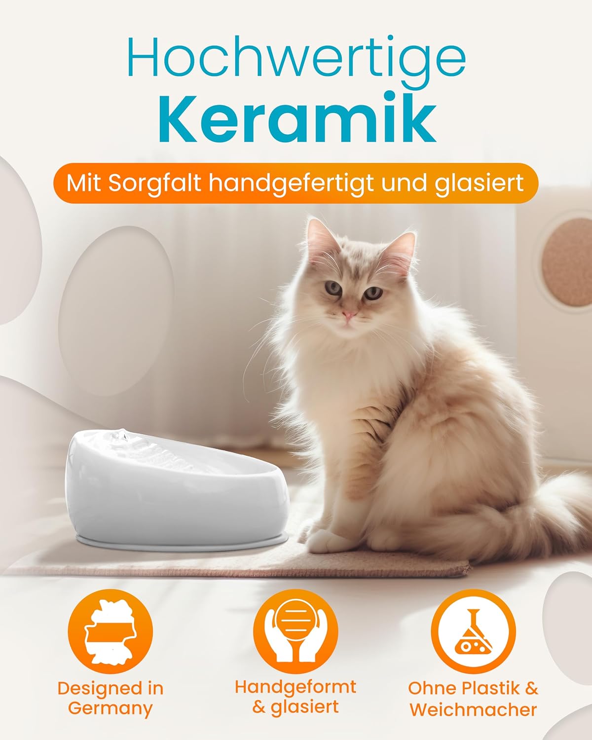Keramik Katzen-Trinkbrunnen, hygienisch & leise, Weiss