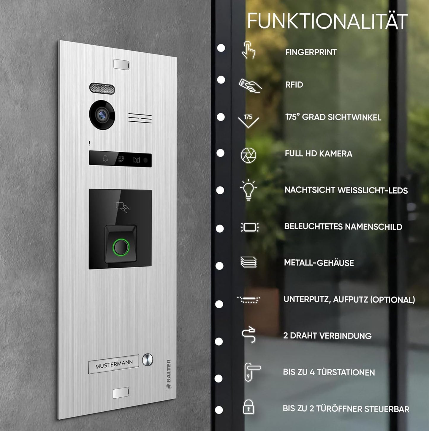 Video-Türsprechanlage mit Fingerprint, 1 Monitor, Ohne App A. Silber/Weiss