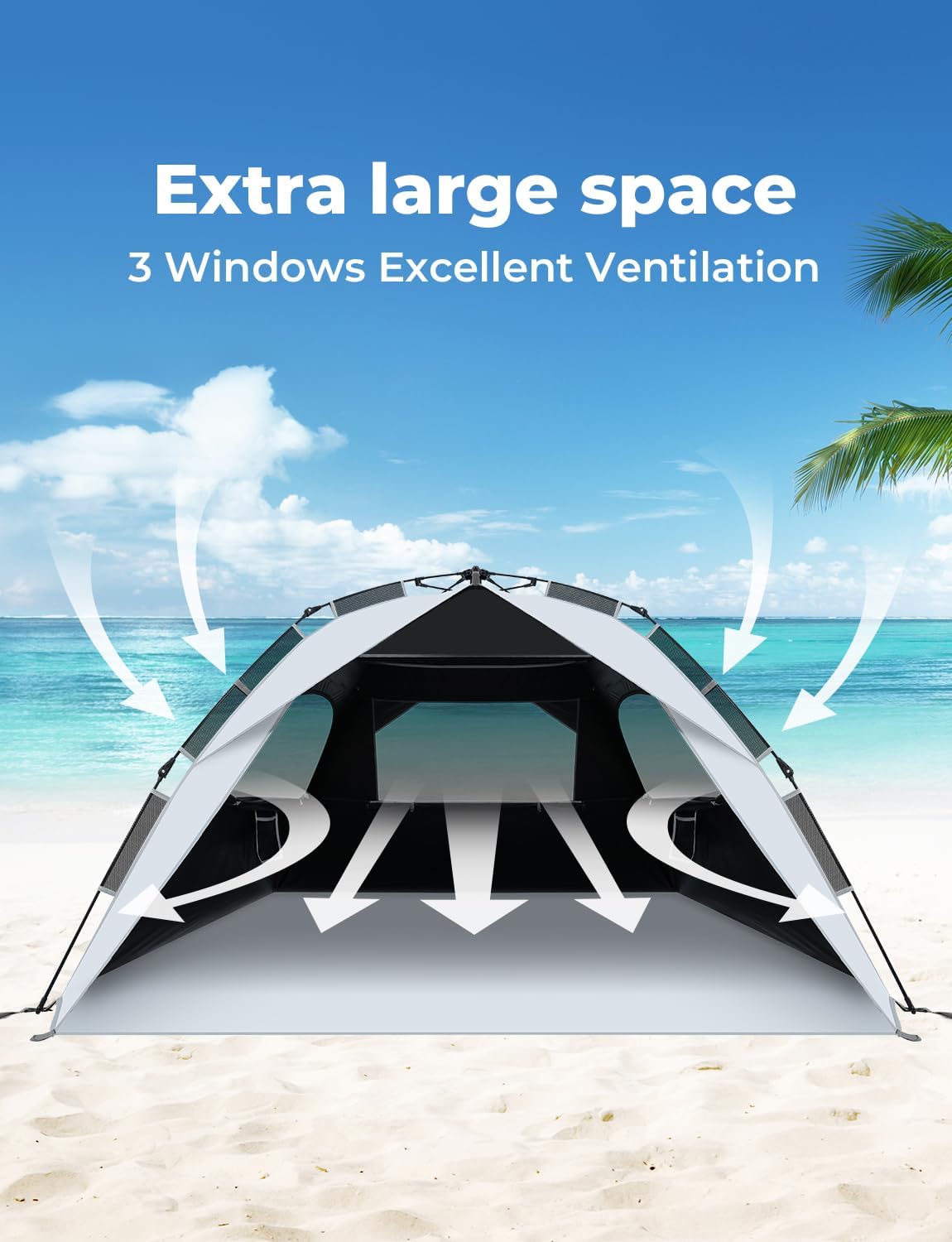 Strandmuschel Quick-Up Zelt mit UV-Schutz 50+, Silber mit schwarzem Vinyl