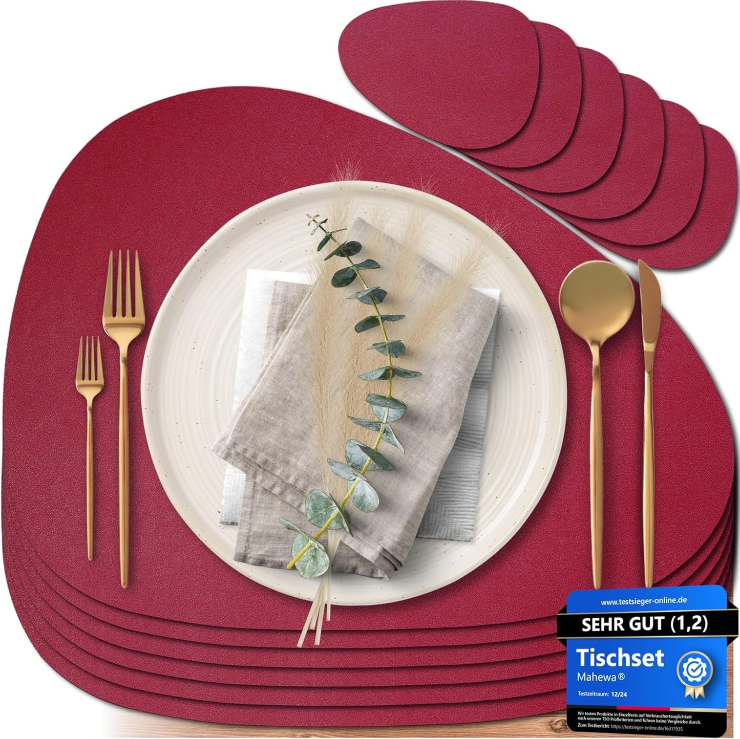6er-Set Tischset aus Kunstleder, Oval Bordeaux