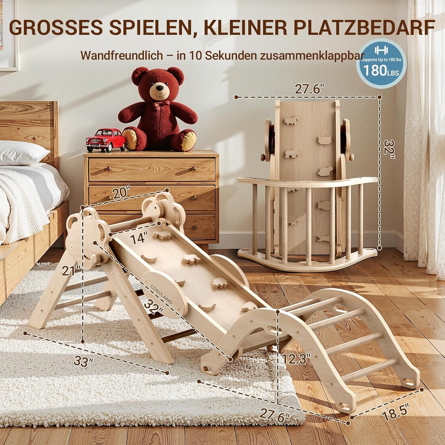 8-in-1 Klettergerüst mit Rutsche & Kletterbogen, M Natur