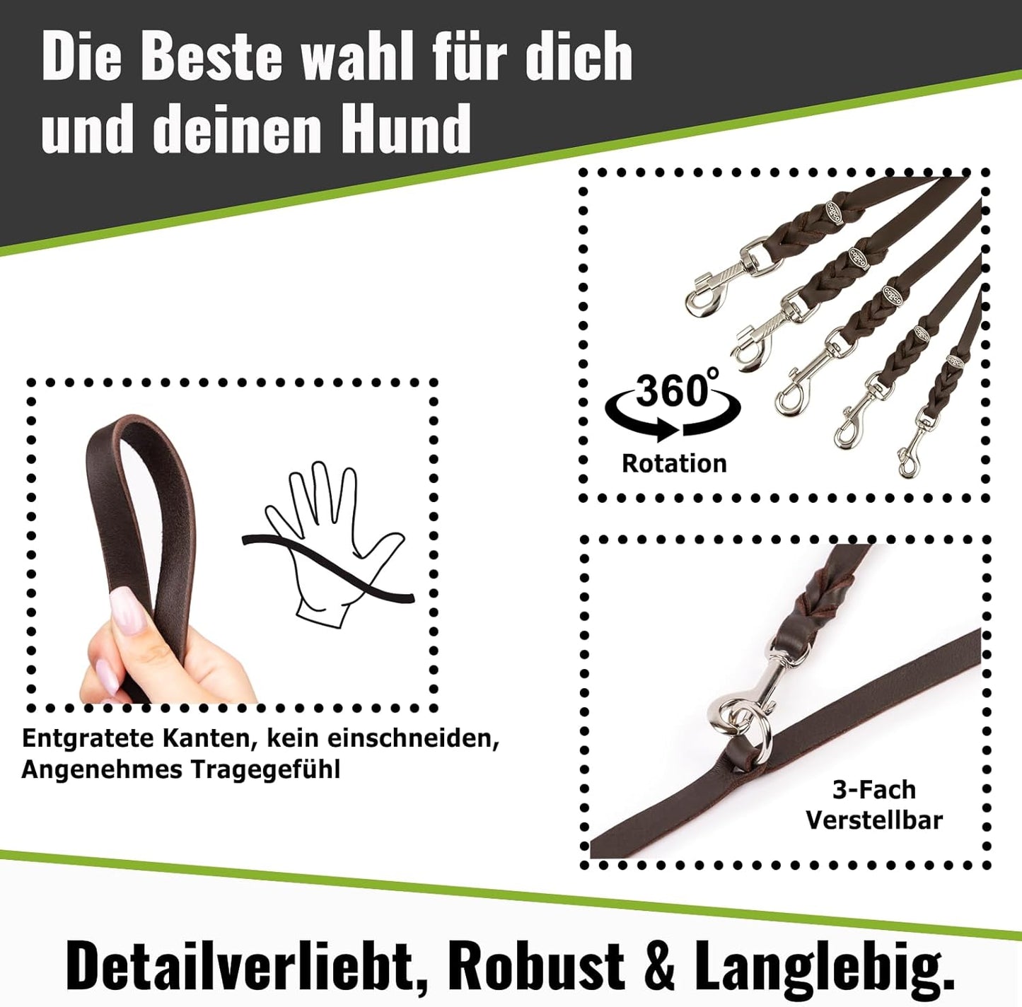 3-fach verstellbare Hundeleine, 3 m, 3 m x 10 mm Schwarz
