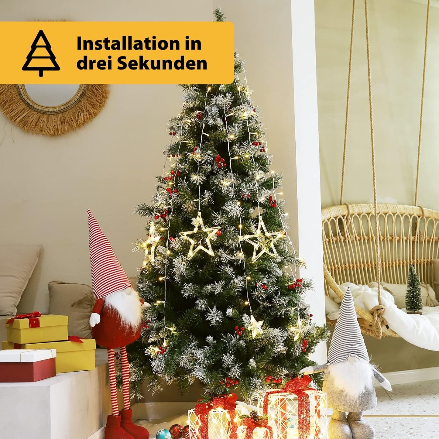 Christbaumbeleuchtung mit Fernbedienung und 9 Modi, Warmweiss Sternspitze Usb 1,5m+1m