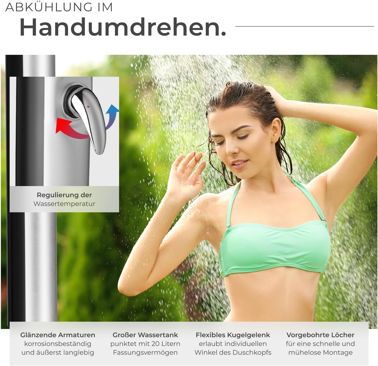 Solardusche mit grossem Duschkopf und Wasserhahn, 20 L Schwarz-Silber