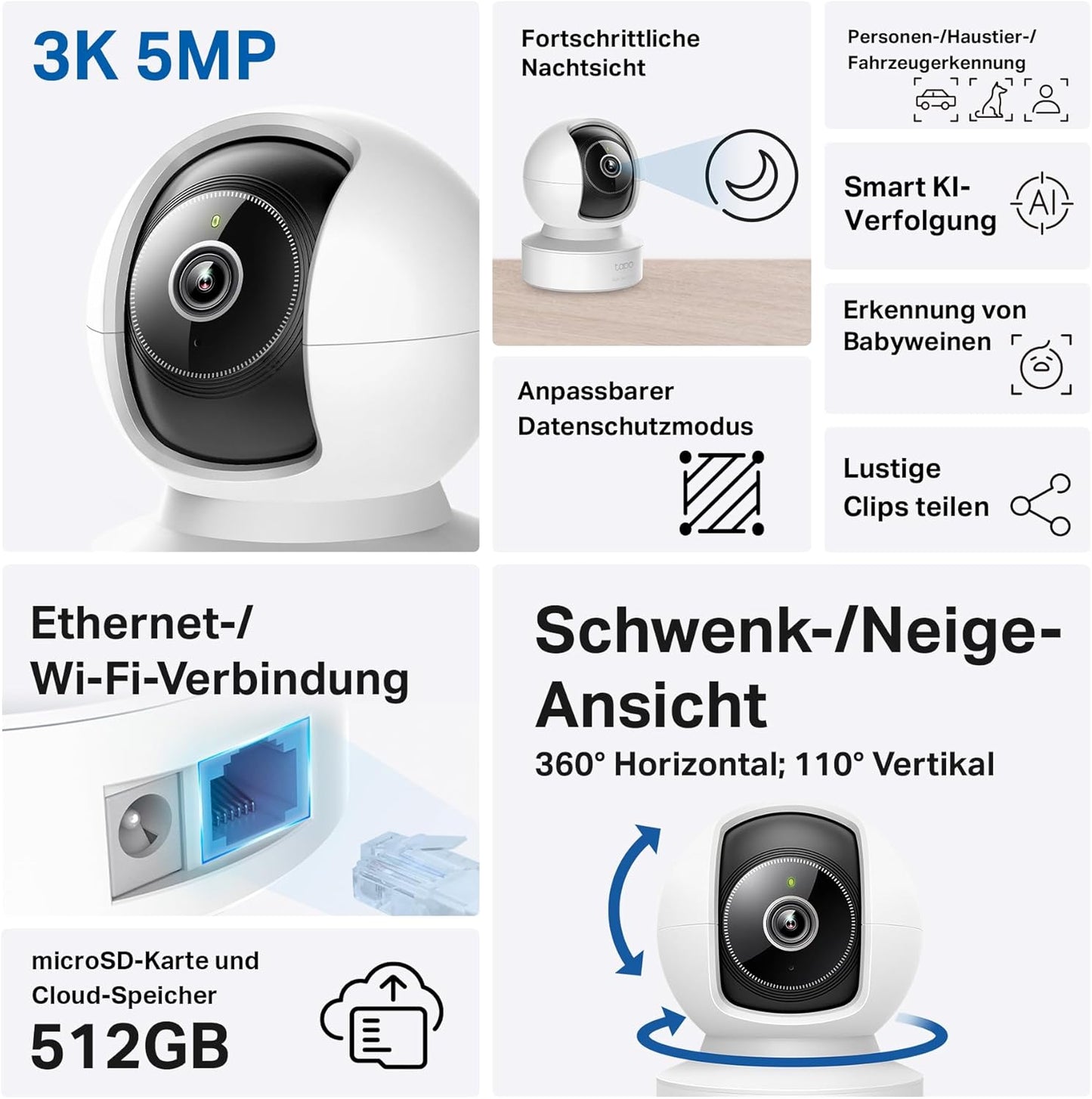 C232 360° KI-WLAN-Überwachungskamera mit 3K 5MP, 5MP Ethernet