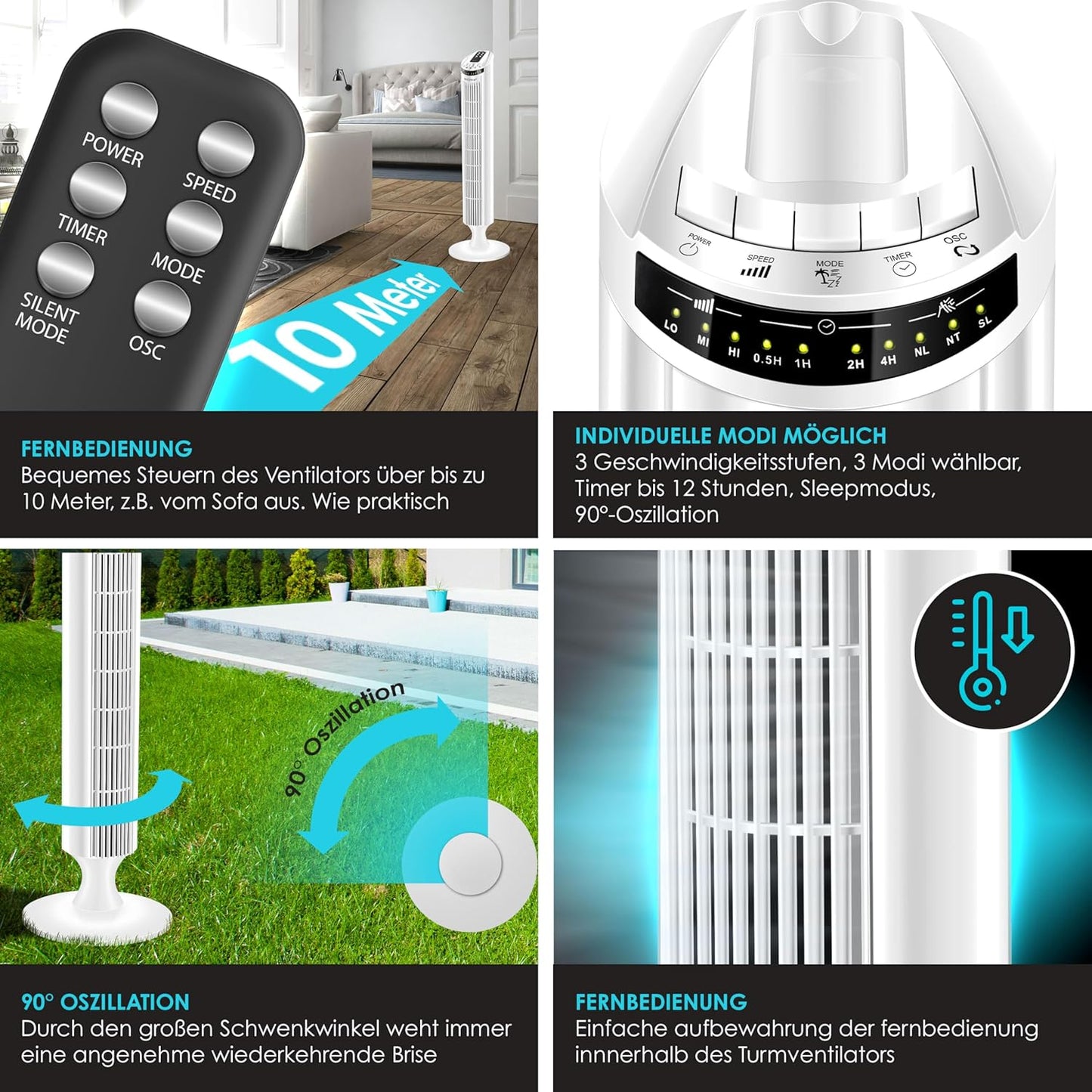 Turmventilator mit Timer und Fernbedienung, Weiss