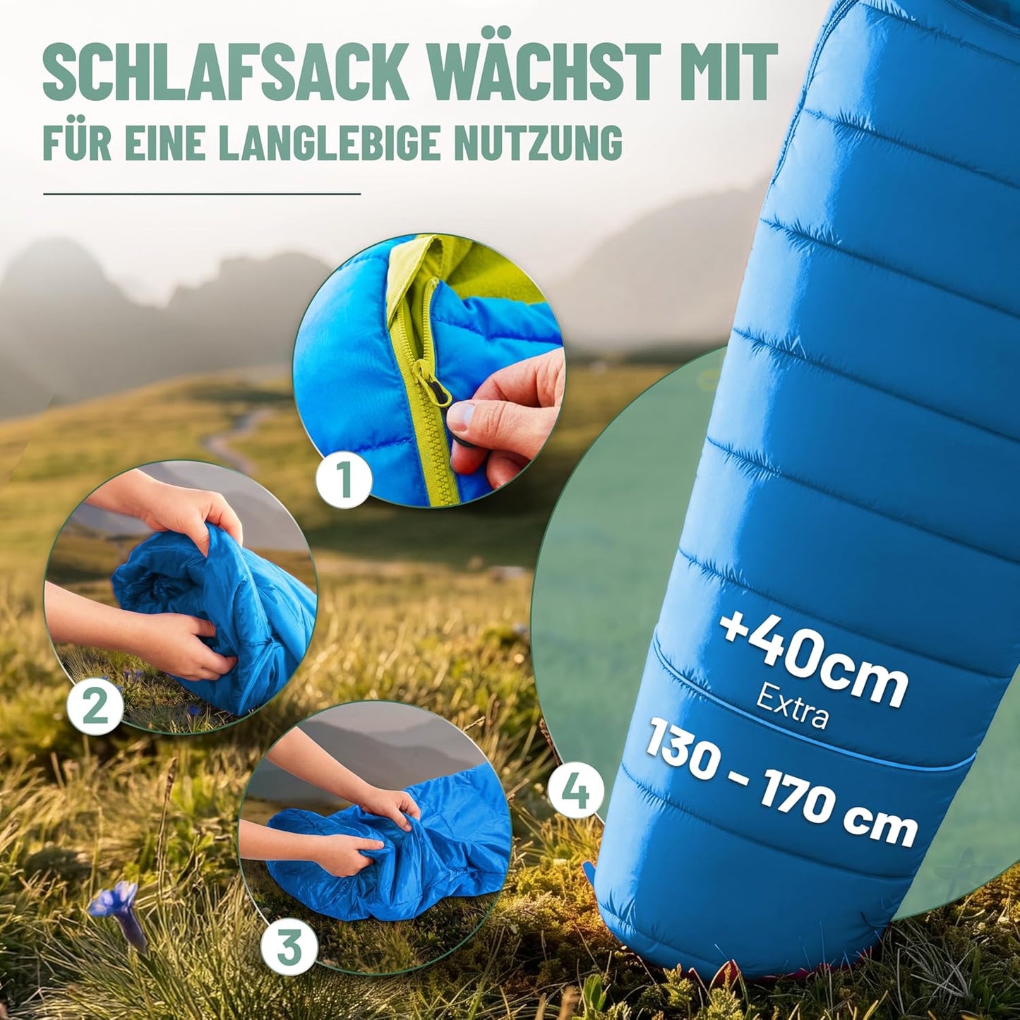Mitwachsender Kinderschlafsack Sommer, Hellblau/Neongelb