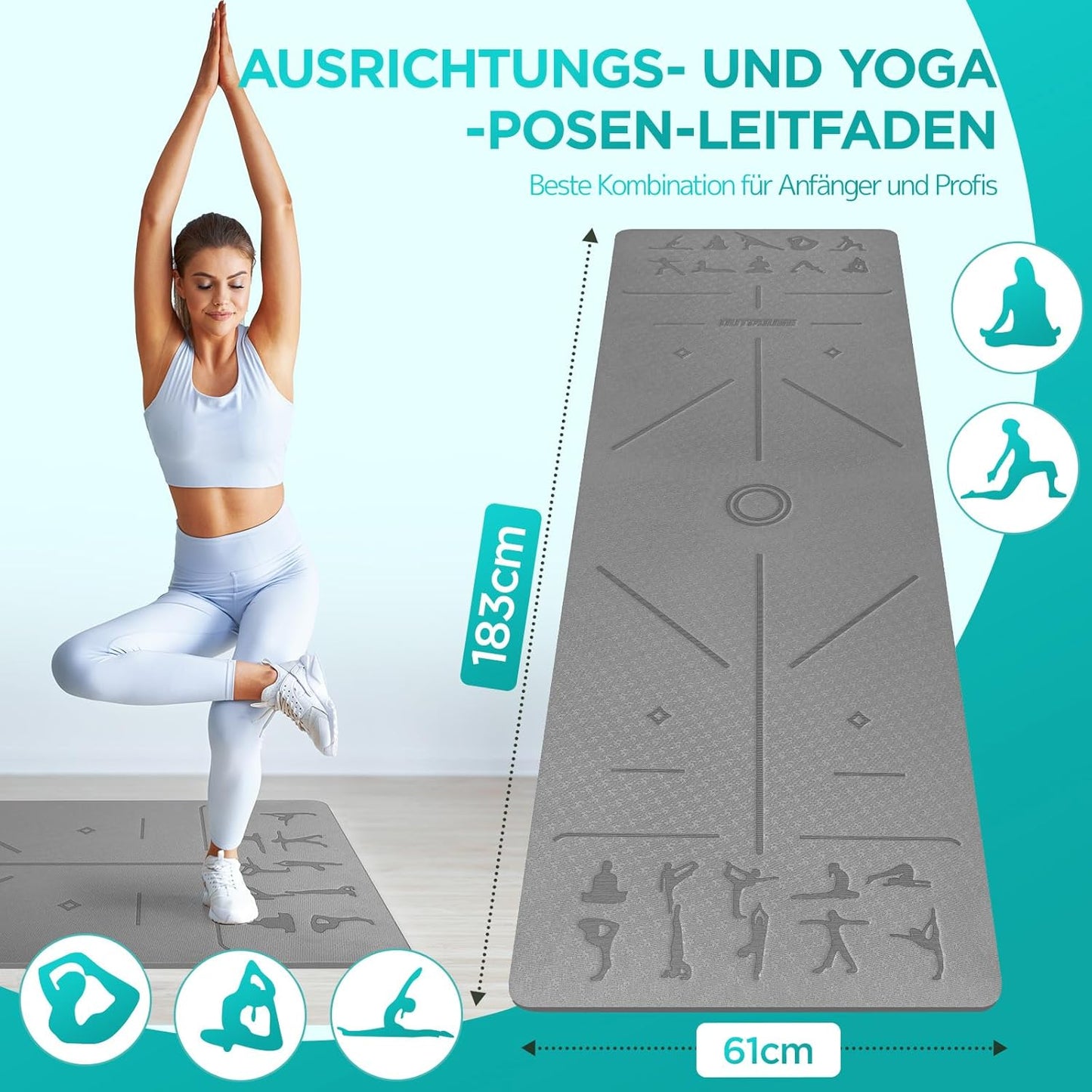Yogamatte, Grau 183x61x0.6cm