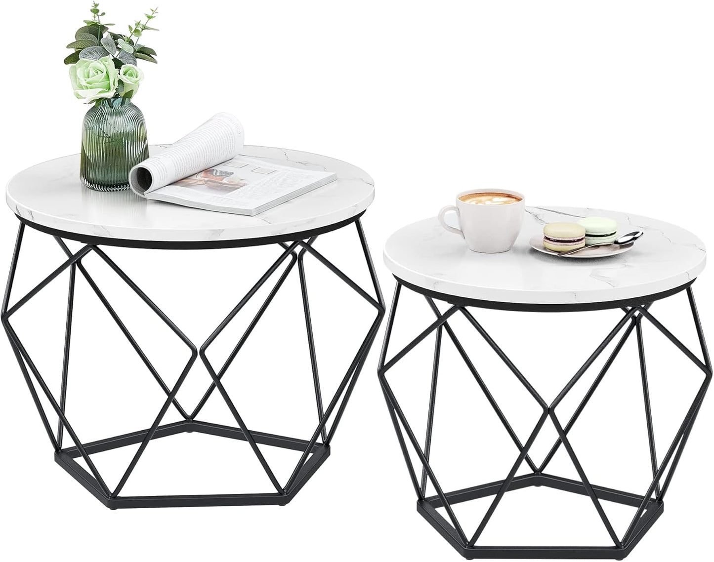 2er-Set Couchtische, Marmorweiss + Tintenschwarz