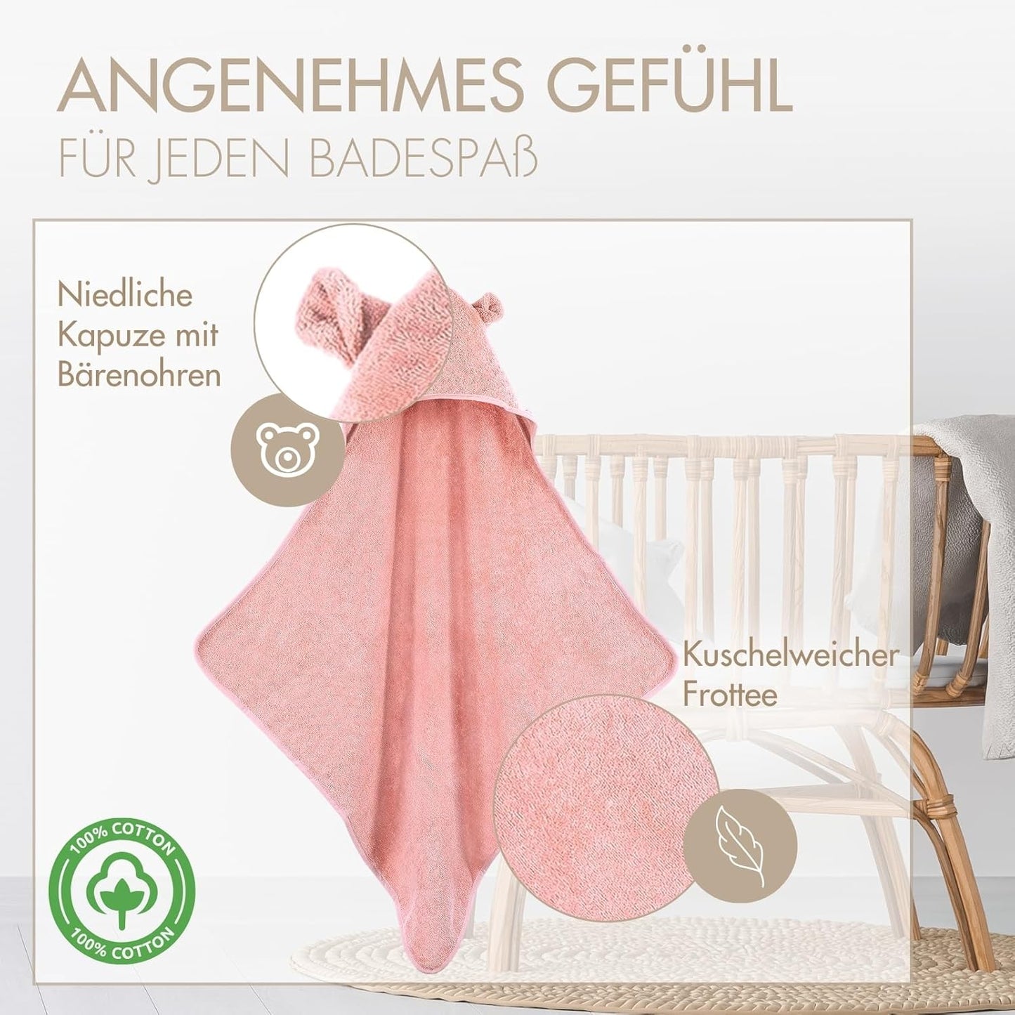 Kapuzenhandtuch mit Ohren, Rose Kapuze mit Ohren