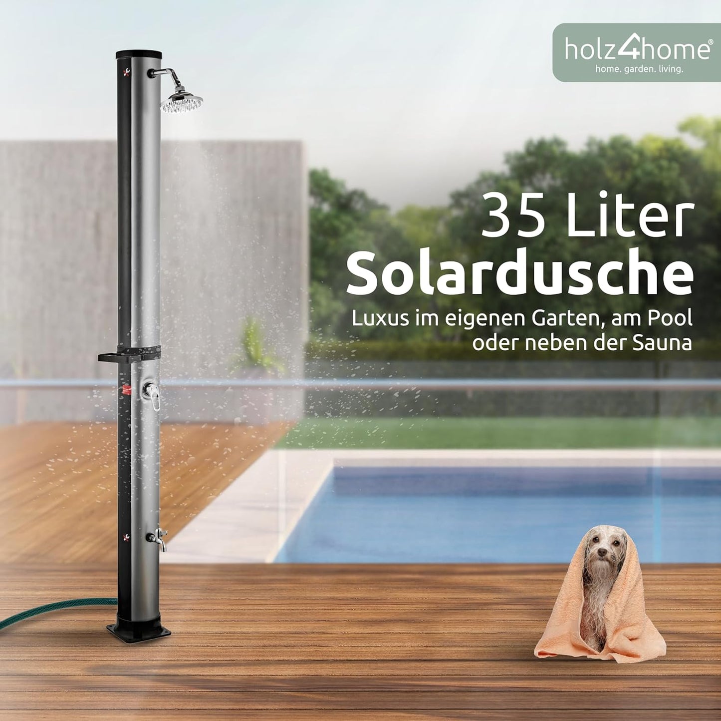 Solardusche mit Warmwasserfunktion inkl. Schutzhaube, Wasserhahn und Seifenablage, 35 L