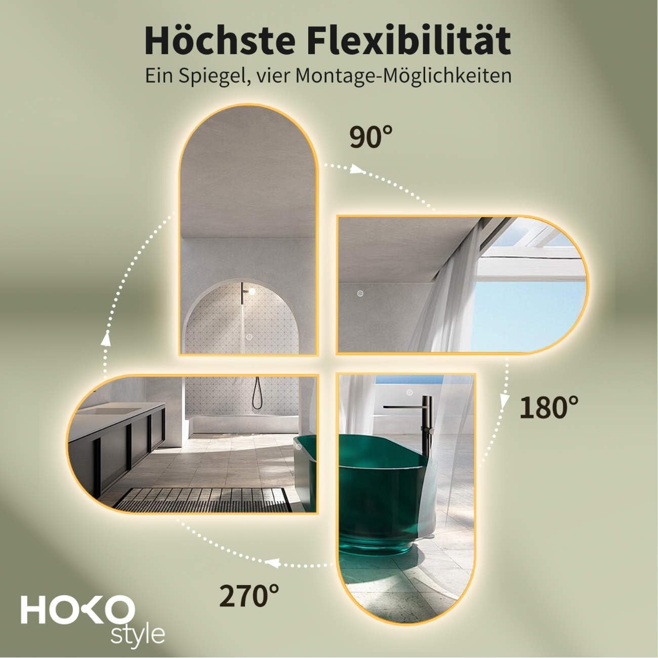 LED Badspiegel mit Touch Schalter, Gold-arch|90L x 50B cm
