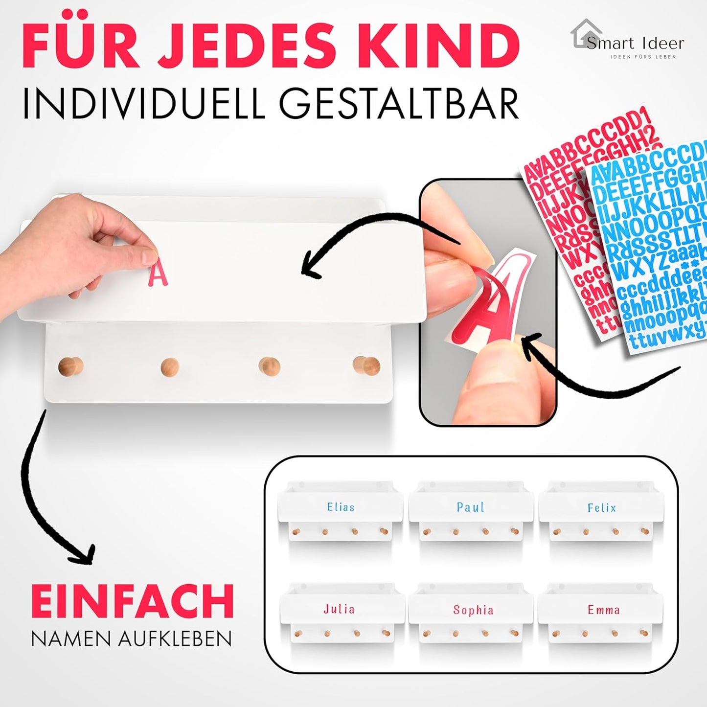 Kindergarderobe mit Holzablage und 4 Haken