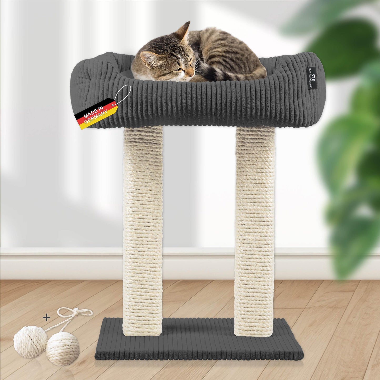 Kratzbaum Wolly mit Katzenbett und Kissen, Cordstoff breit dunkelgrau