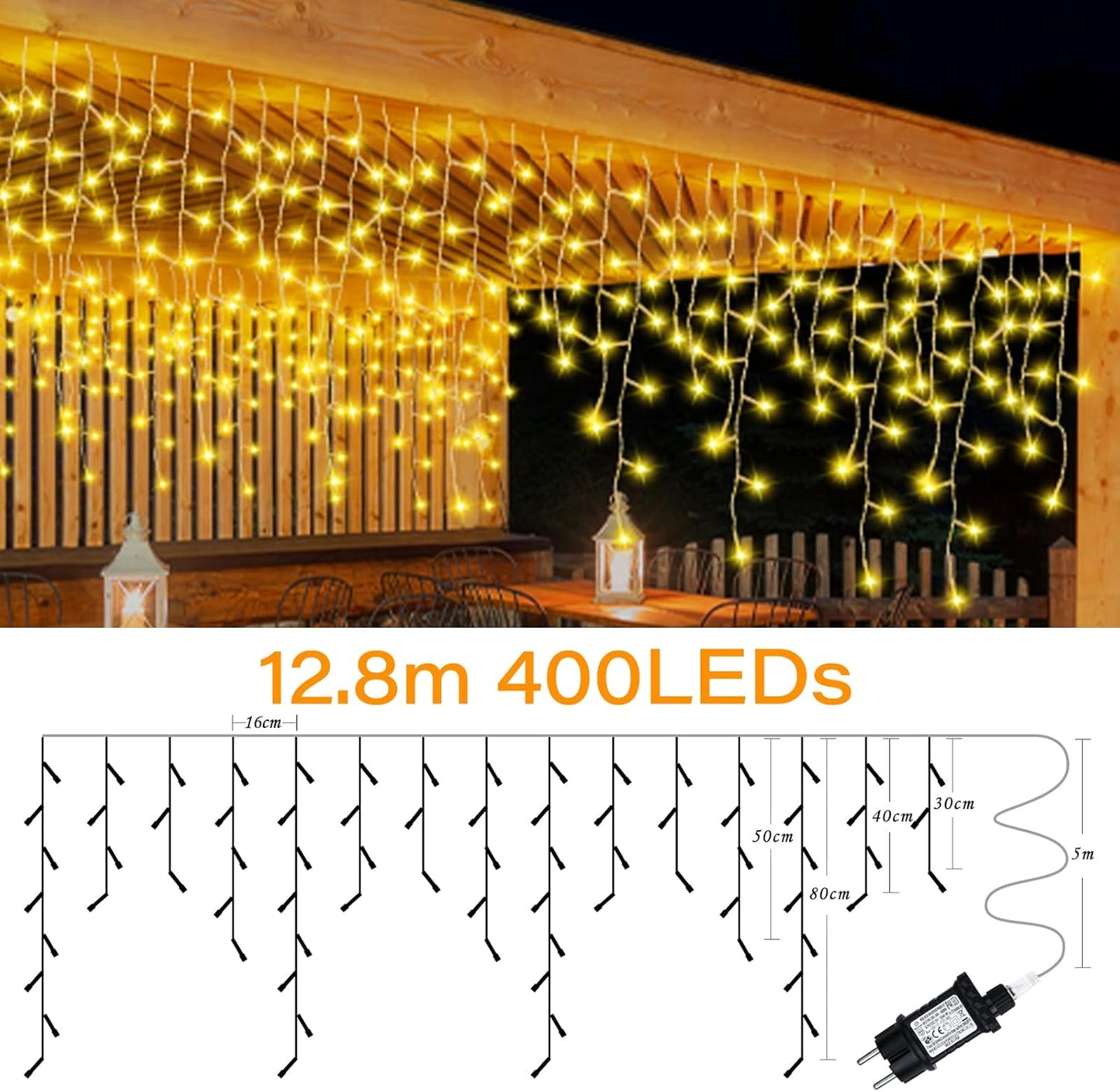 Eisregen Lichterkette mit 400 LEDs, Warmweiss 12,8m