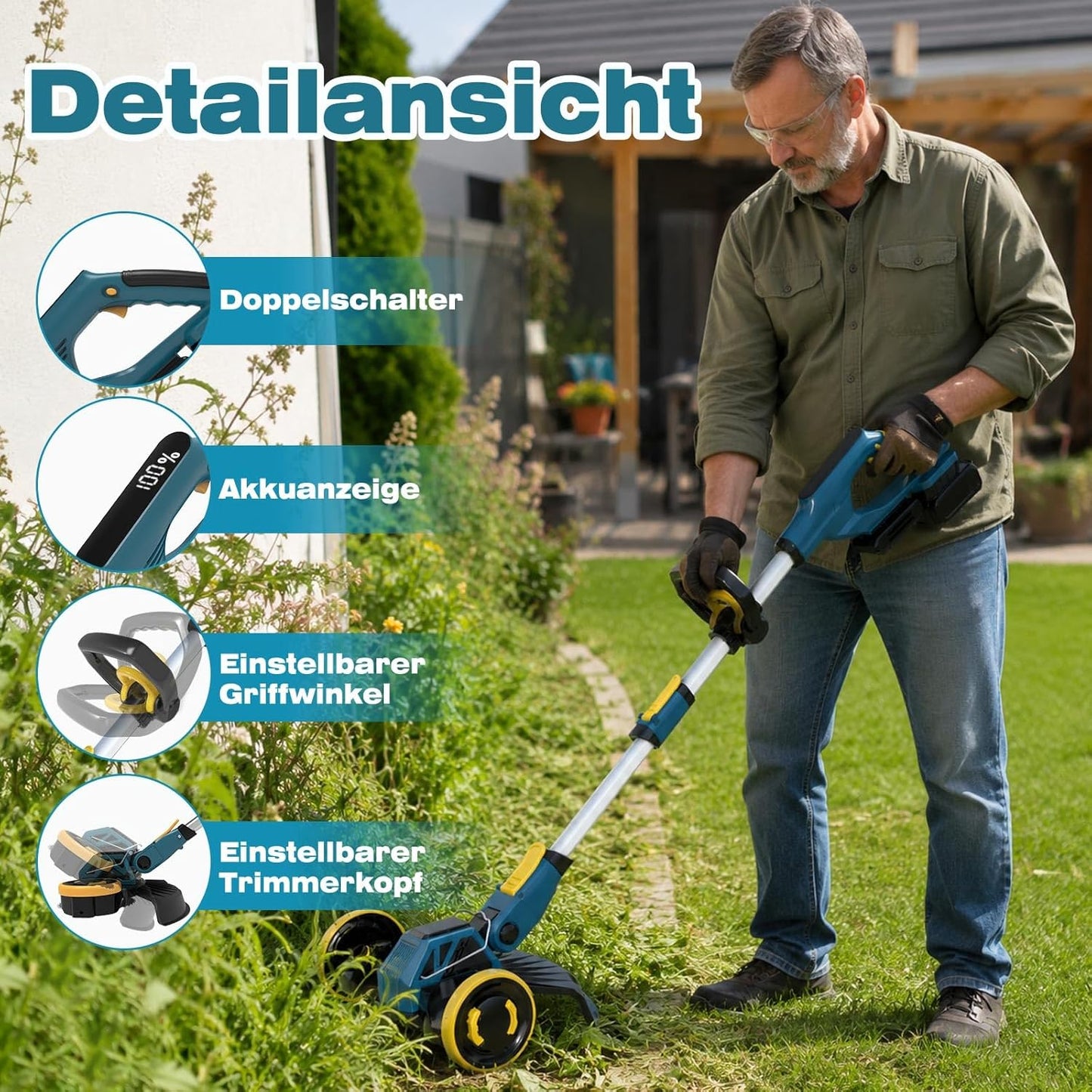 2-in-1 Akku-Rasentrimmer mit Unkrautbürste, Grau-Gelb