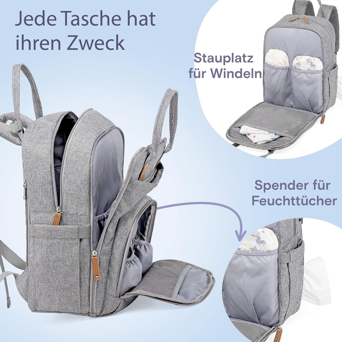 Wasserdichter Wickelrucksack mit Wickelunterlage, Grau03
