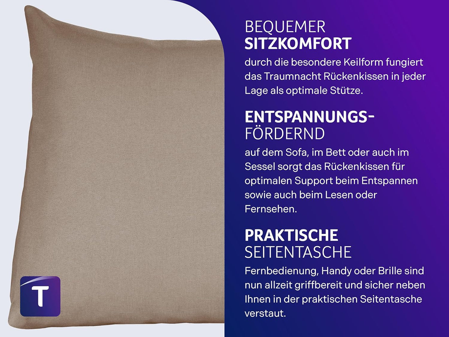 Cozy Lese- und Rückenkissen mit Seitenfach, Hellbraun Möbelstoff (100% Polyester)