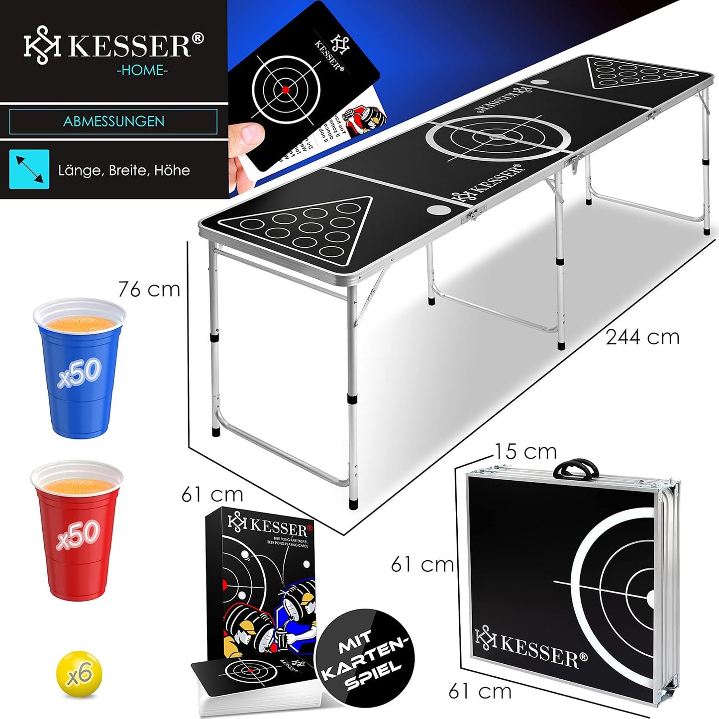 Bier Pong Tisch Set Classic mit Kartenspiel und Zubehör, Classic + Kartenspiel