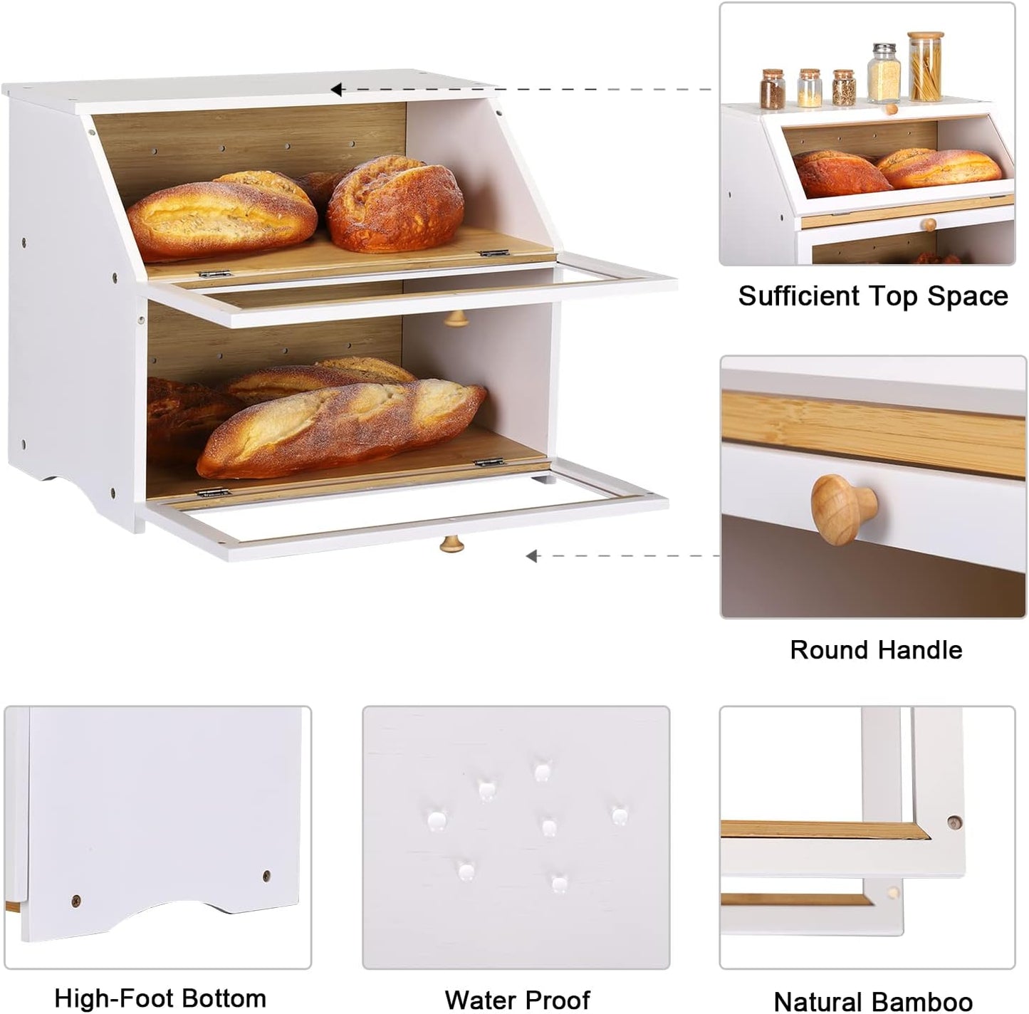 Brotkasten mit 2 Etagen, White(15.3" x 9.8" x 12.6")