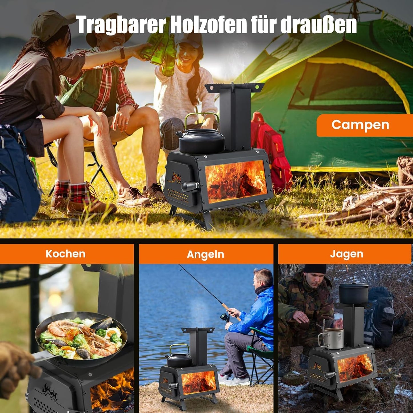 Tragbarer Raketenofen mit Sichtfenster & Kochflächen