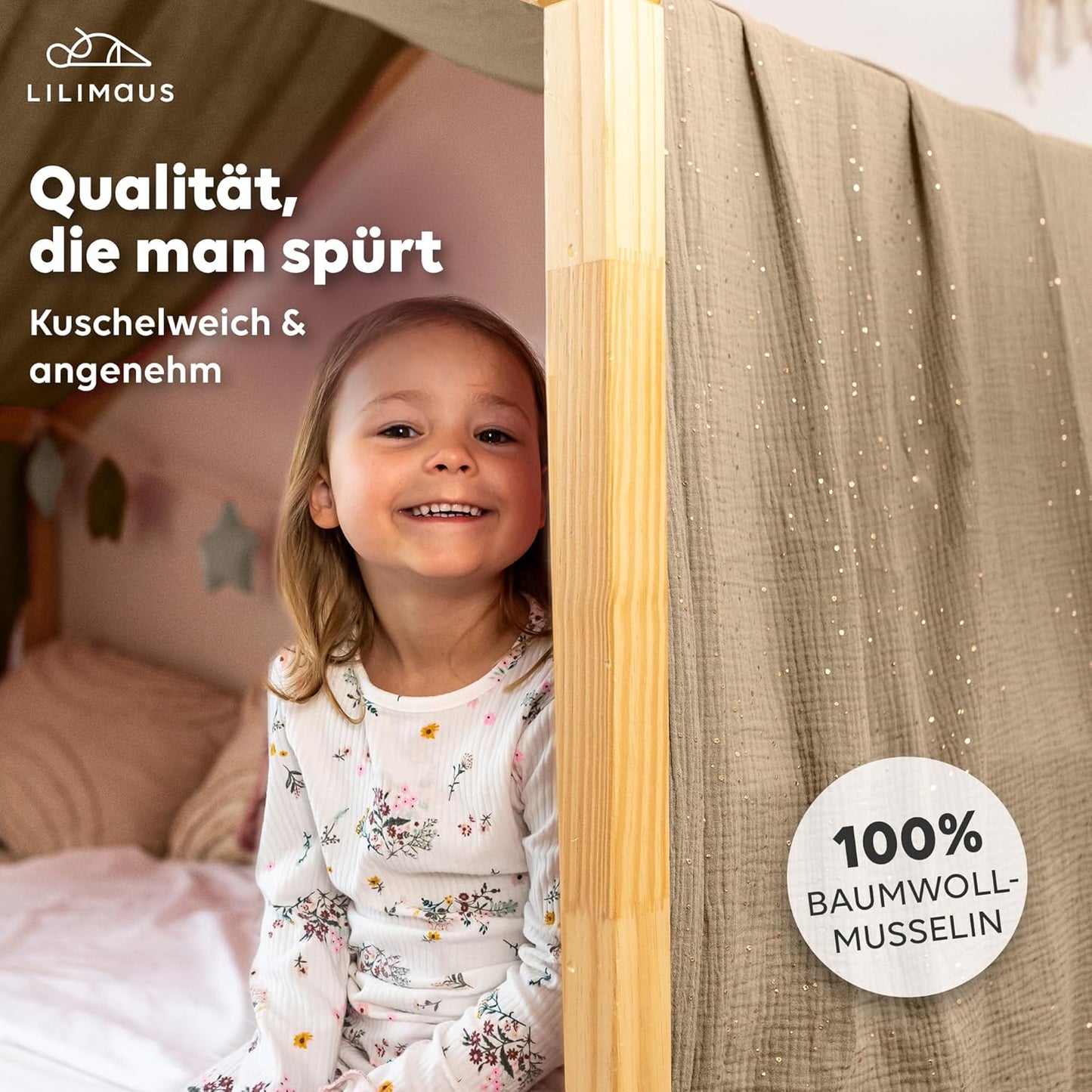 Hausbett Himmel aus Baumwolle, Dunkelbeige mit Gold 135 x 360cm