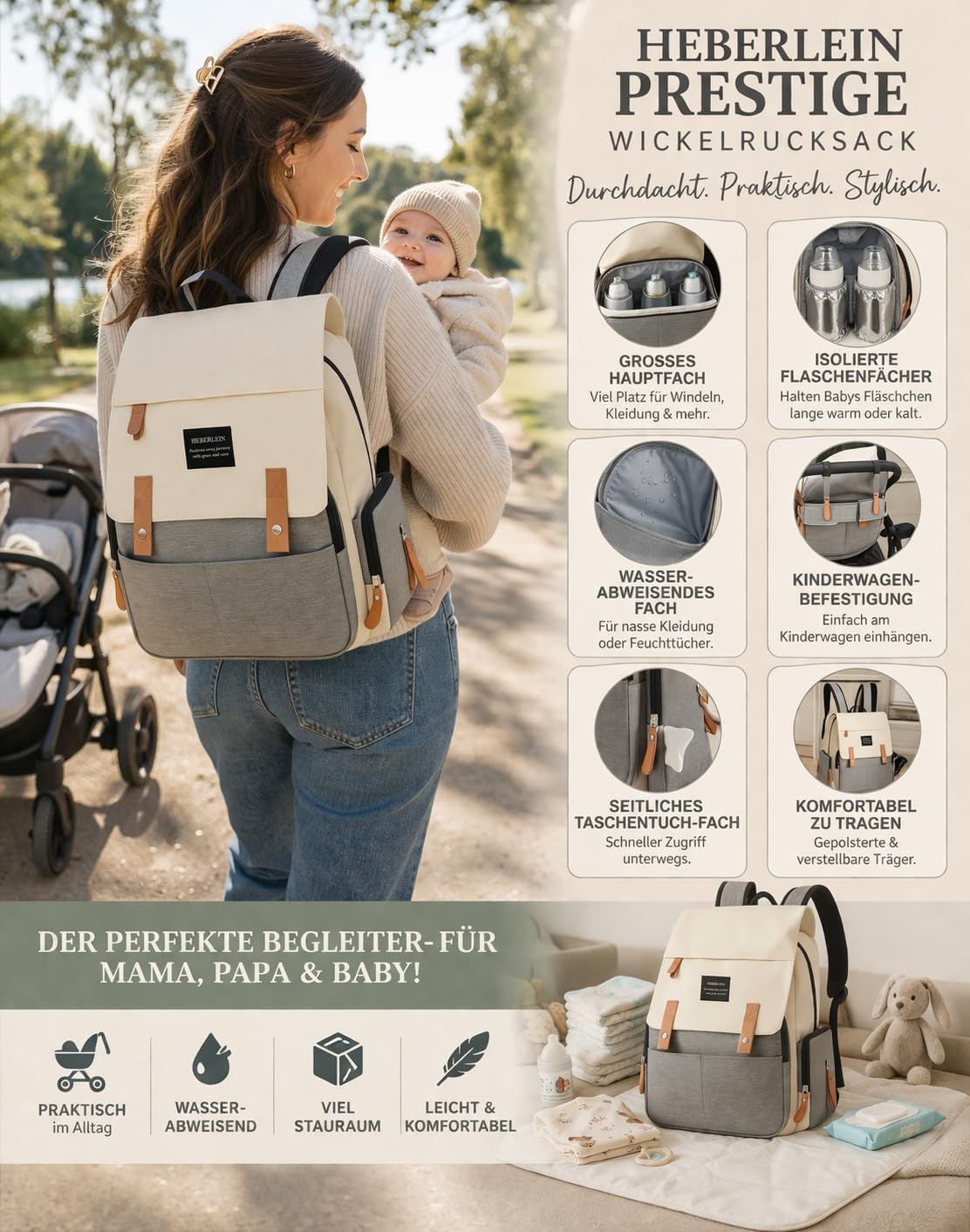 Wickelrucksack mit Wickelauflage & Kinderwagenbefestigung, Beige/Grau