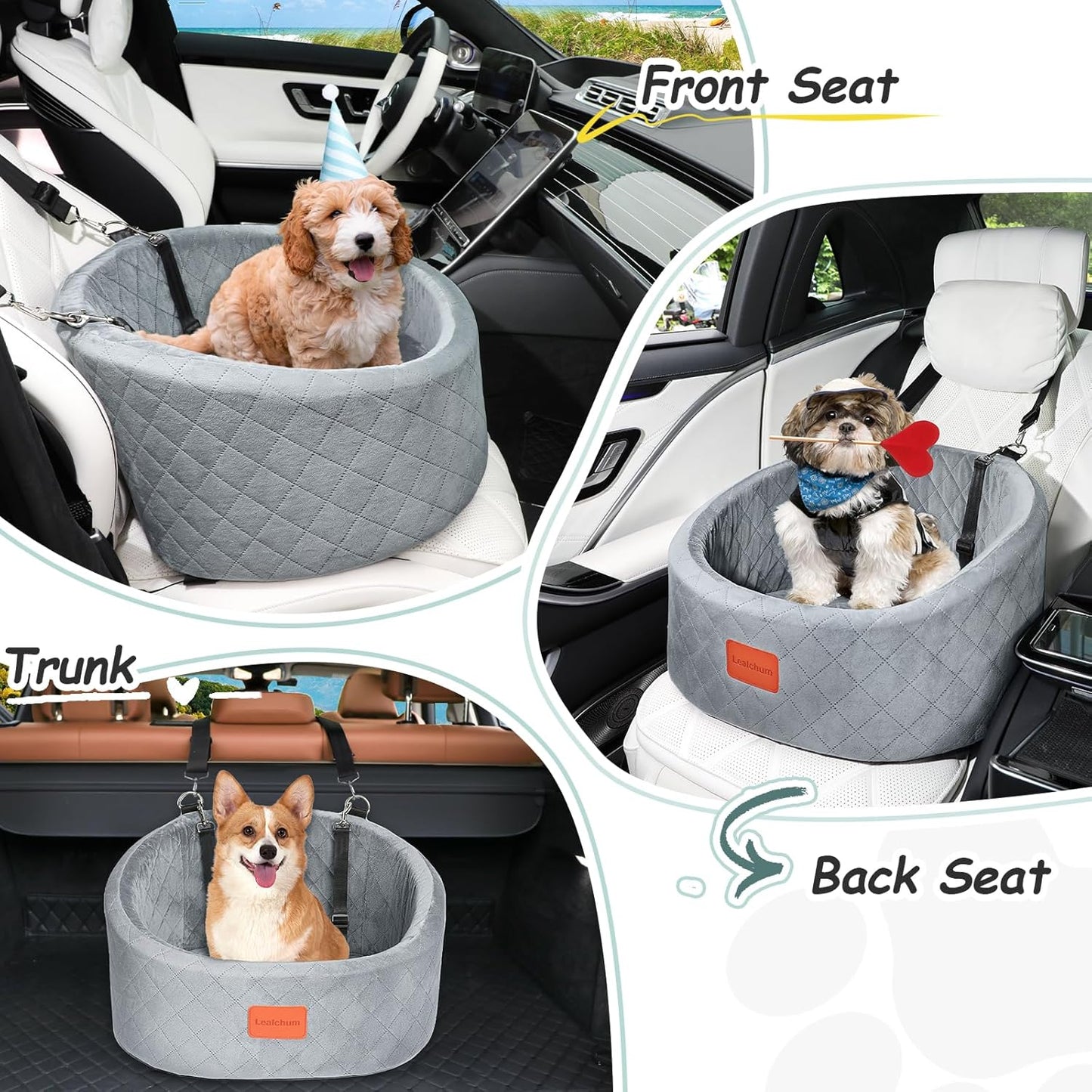 Rutschfester Hunde-Autositz mit Sicherheitsleinen, Grey Small