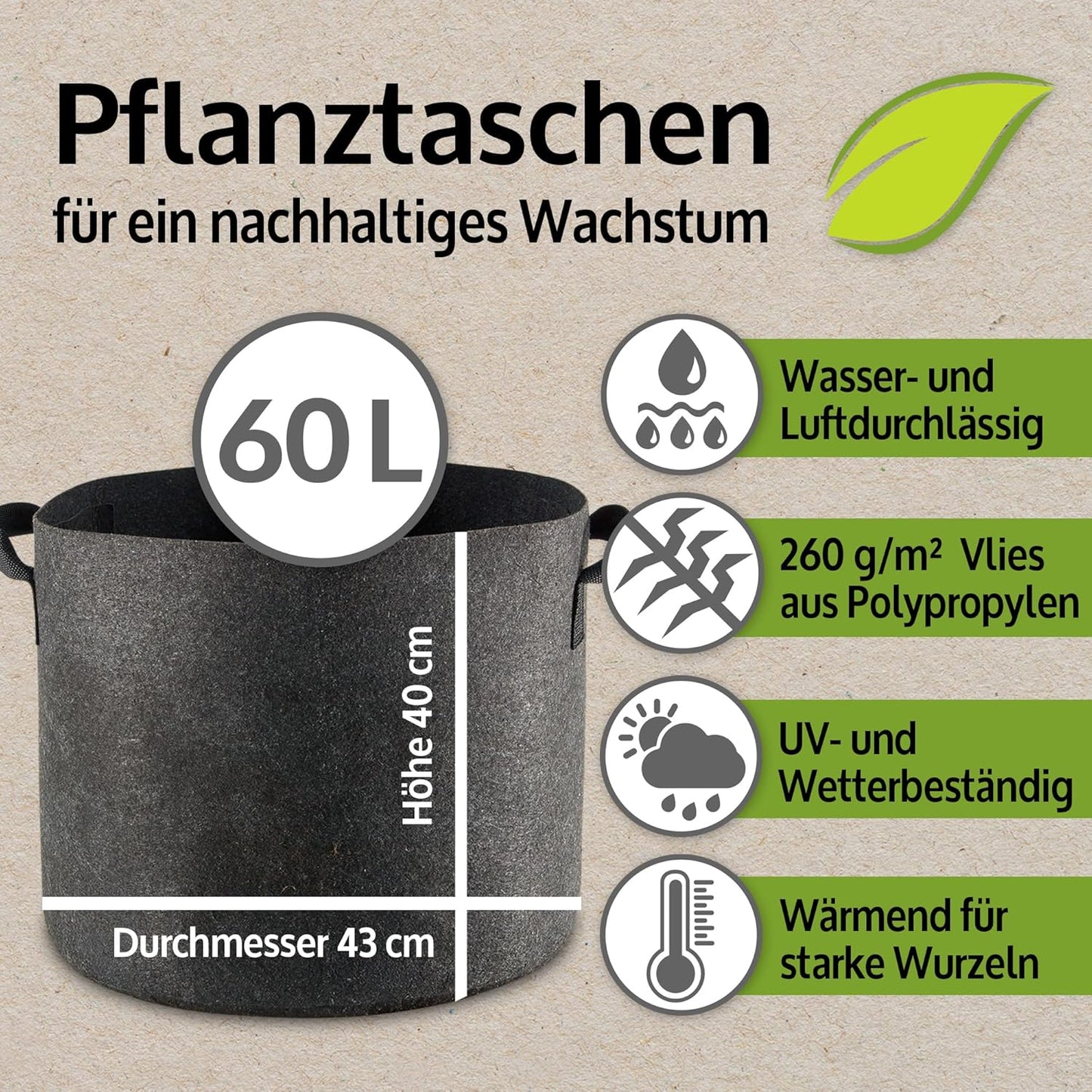 Pflanztaschen Set aus Vlies, 3 Stück x 60 Liter