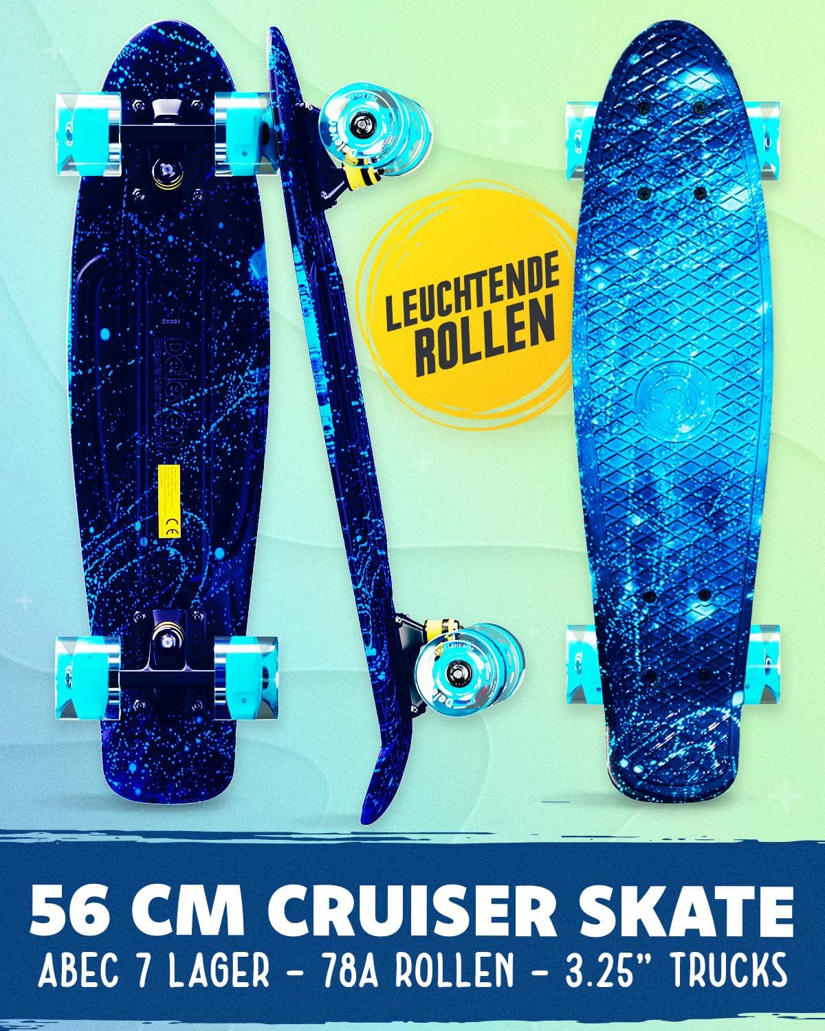 Skateboard mit LED Rollen und Skate Tool, 01 LED Blaue Galaxie