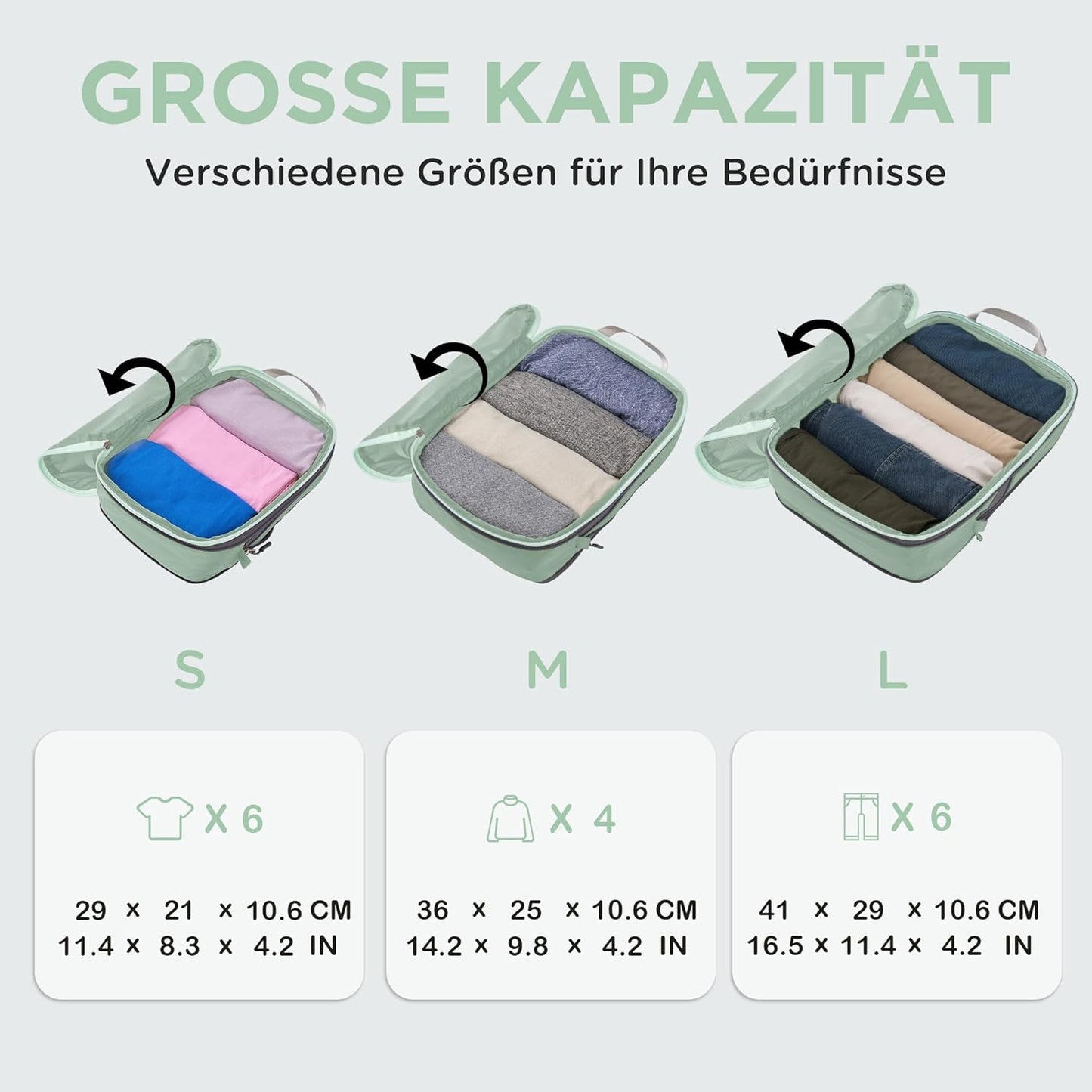 Kompressions-Packwürfel Set, 3PCS Salbei Grün