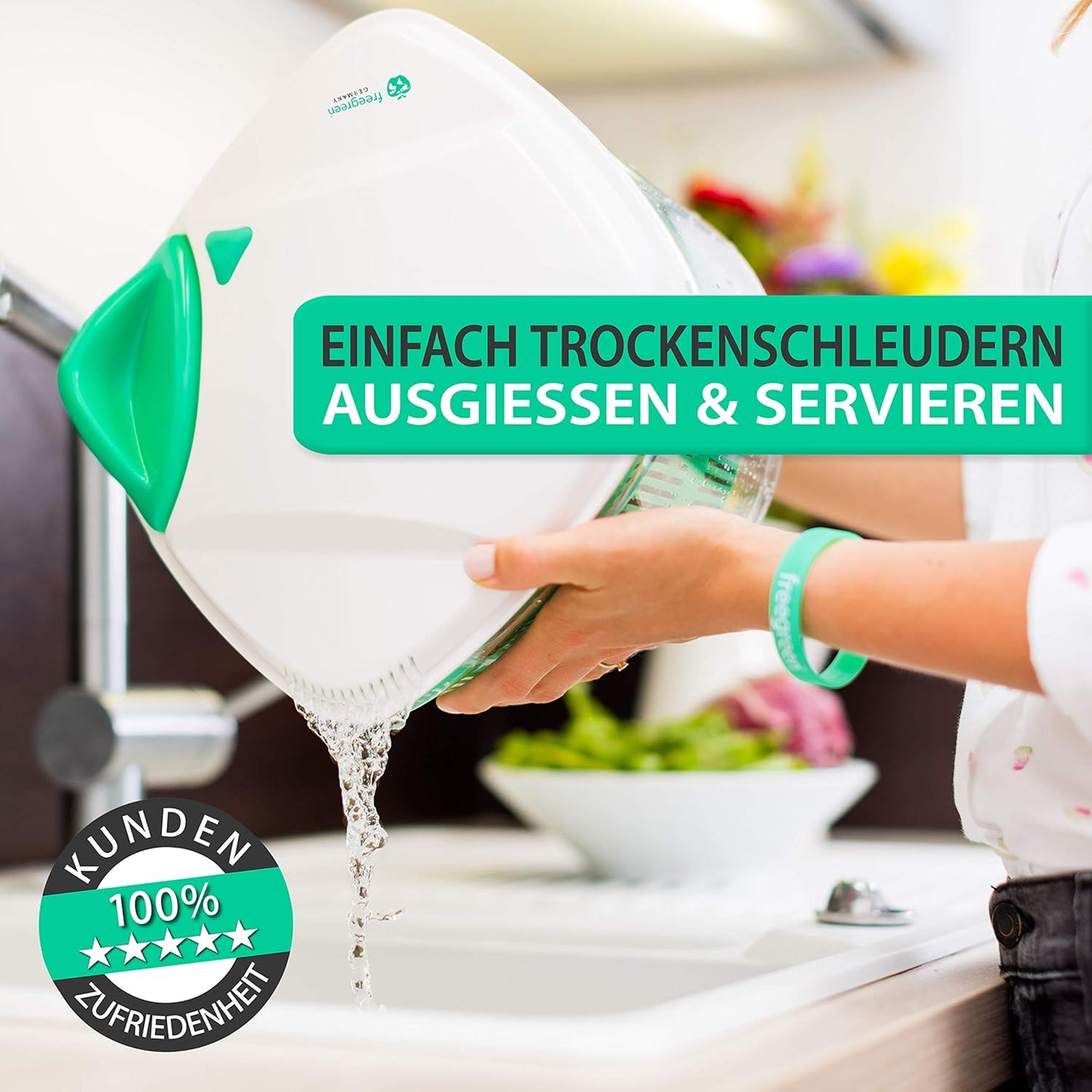 Salatschleuder mit Zugmechanismus, Weiss