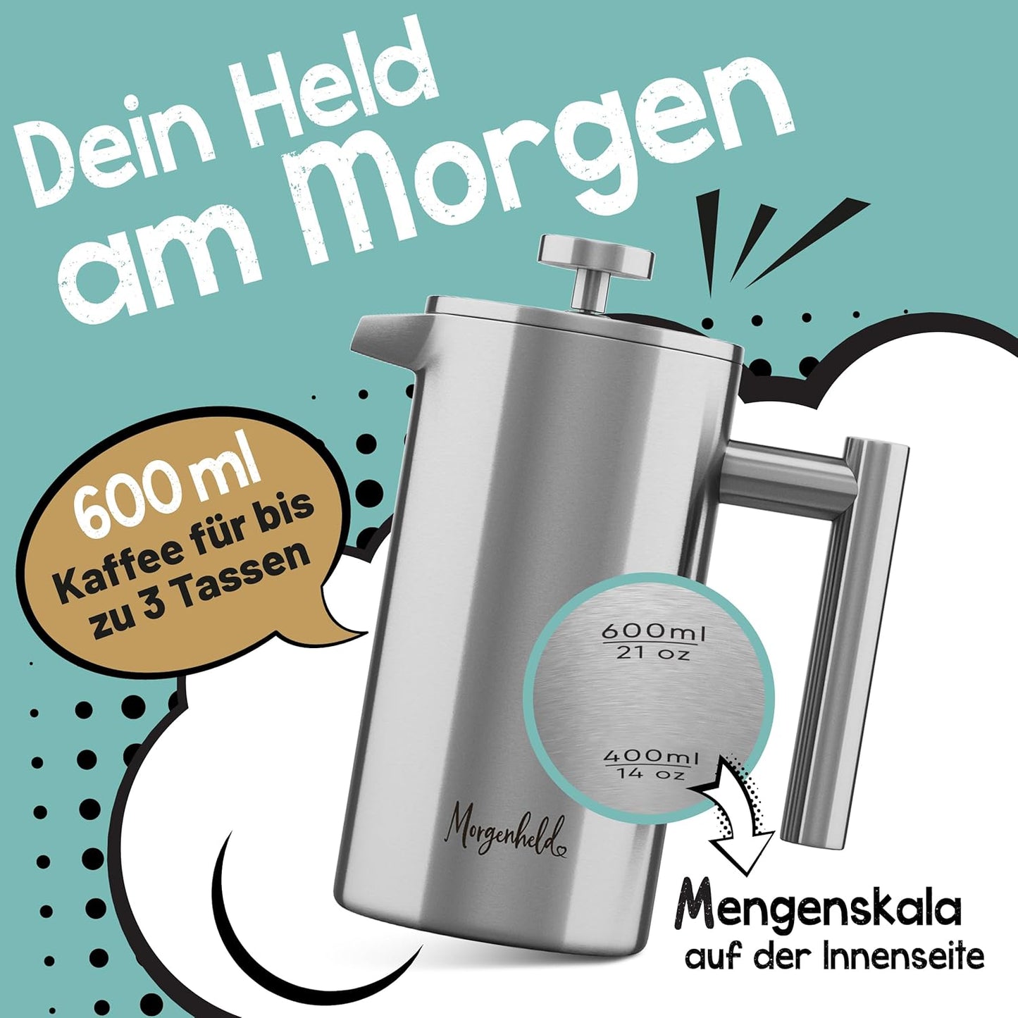 Isolierte French Press mit Ersatzfiltern, FrenchPress 600ml