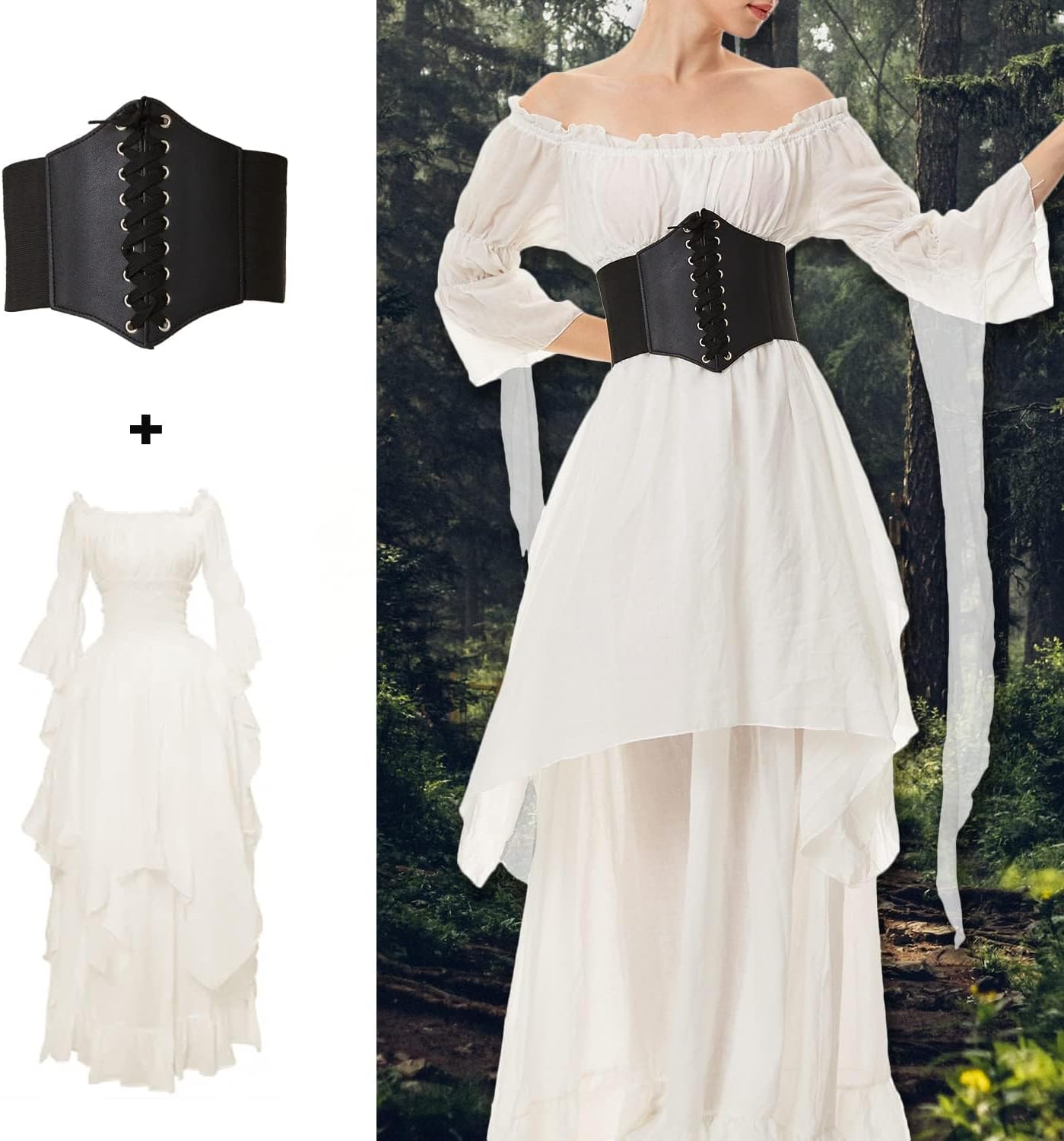 Mittelalter Renaissance Kleid mit Korsett-Gürtel, Weiss XL
