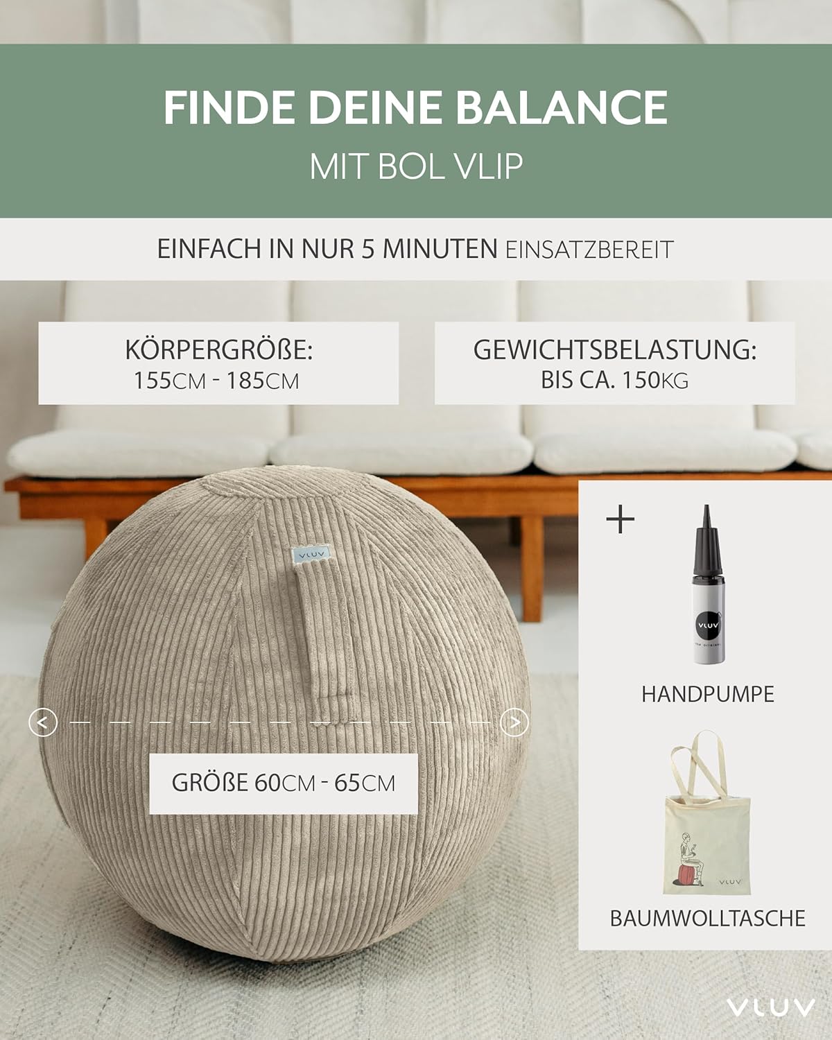 Ergonomischer Sitzball mit Tragegriff, 65 cm, Beige 60 - 65cm