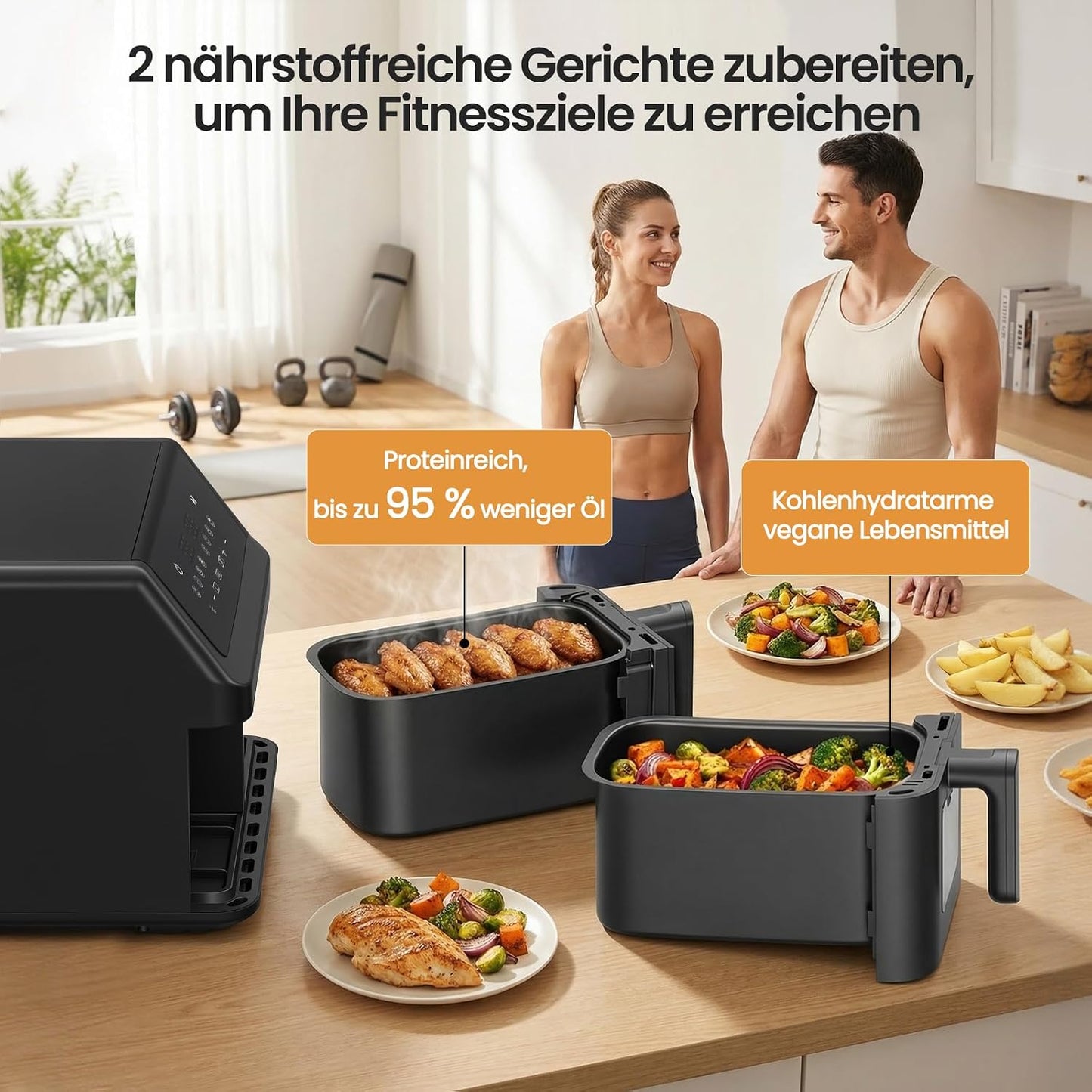 Doppelkammer Heissluftfritteuse, Schwarz 9L