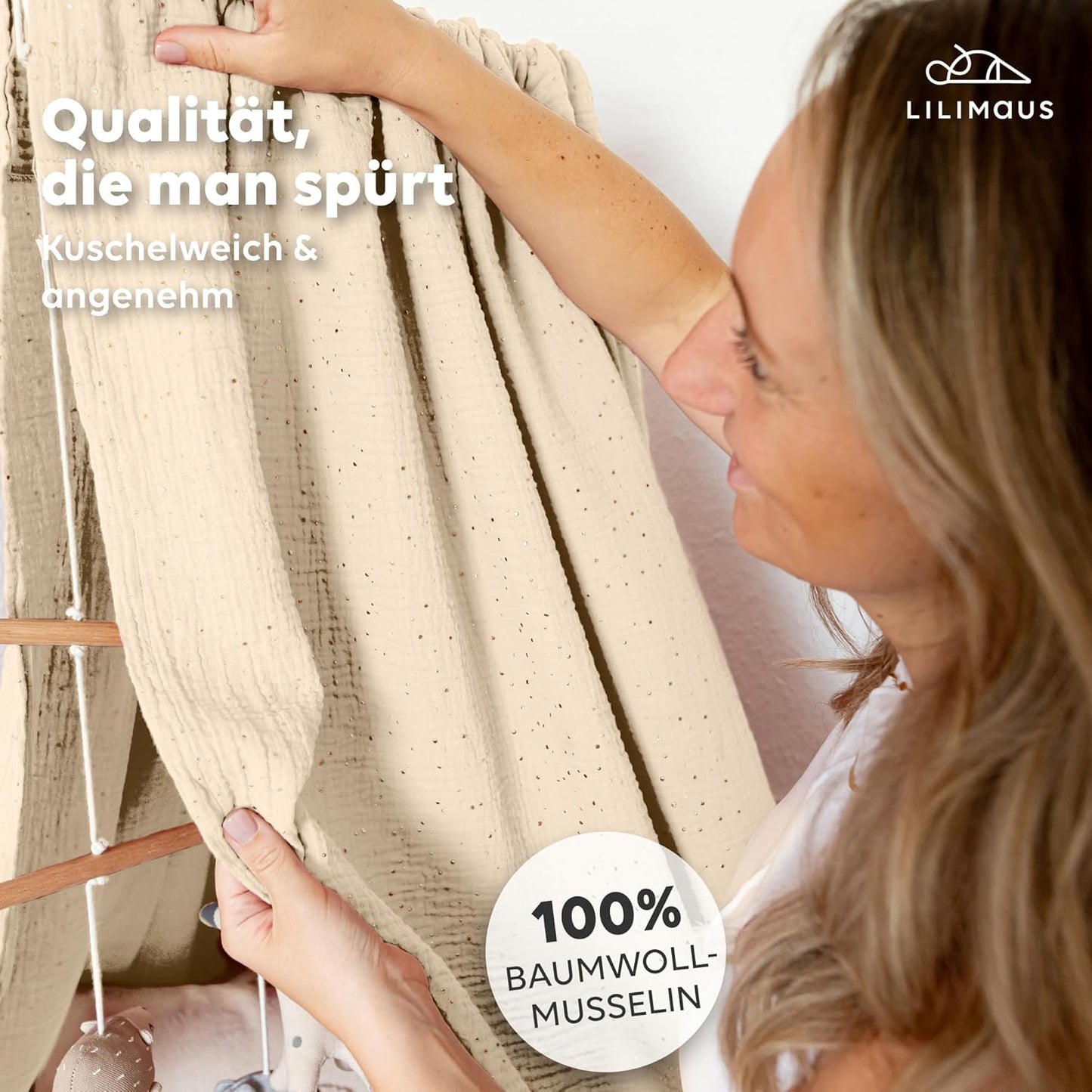 Betthimmel aus Baumwolle, Creme mit Gold ohne Himmelstange